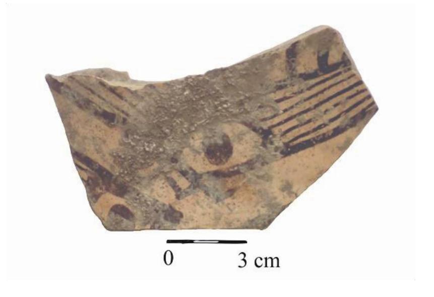 Fine category (polished, outside); Homogeneous paste; Temper: fine grain sand (very rare pebbles); Very good firing; Yellowish-brick-like color with darker firing marks. Painted ornament: outside; Brown painting; Geometric; Bichrome.  Fine category (good polished angobe, outside); Homogeneous paste; Temper: fine grain sand; Very good firing; Yellowish-brick-like color. Painted ornament: outside; Black painting; Geometric/Curvilinear; Bichrome. 