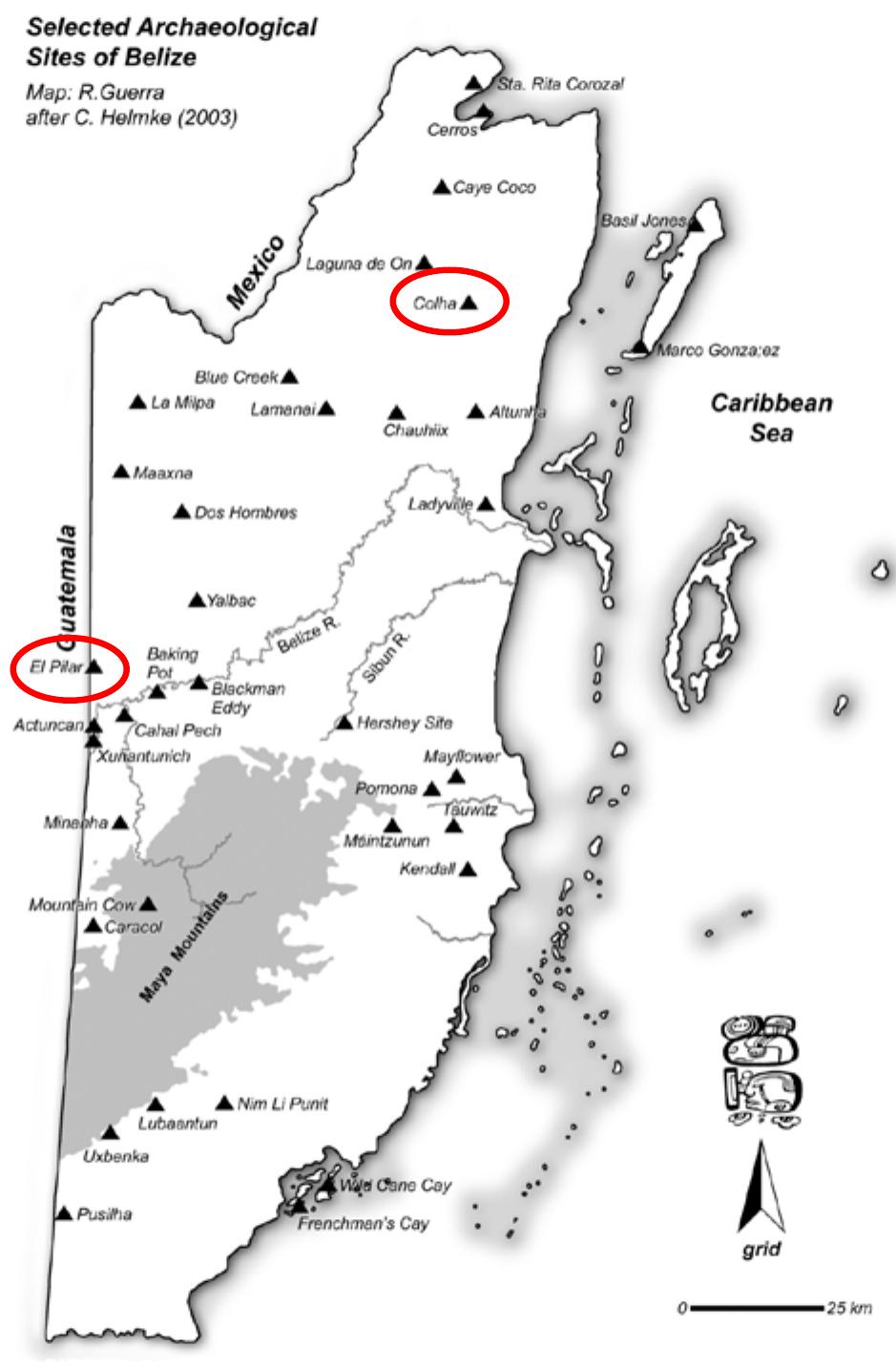 Map of ancient maya sites in belize, with colha and e] pilar