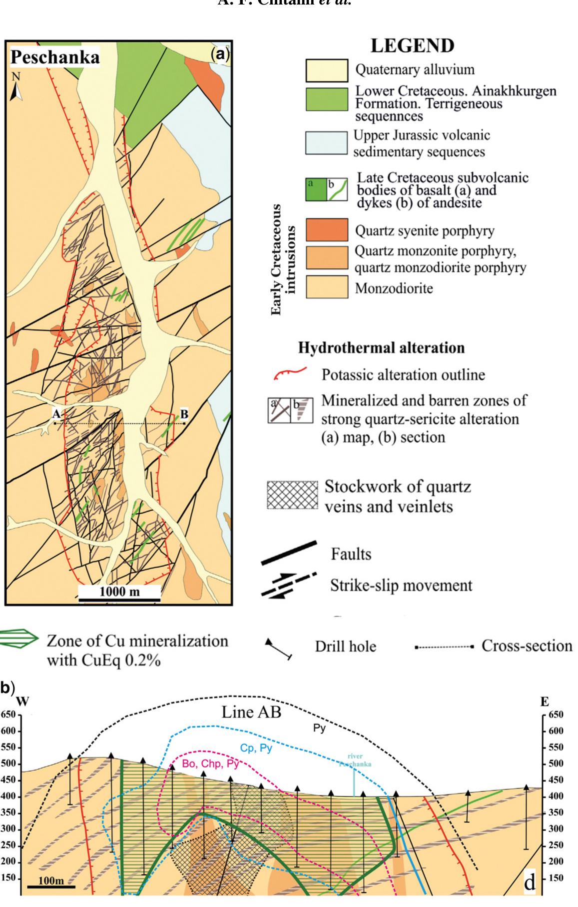Simplified geological map (a) and cross-section (b) of the