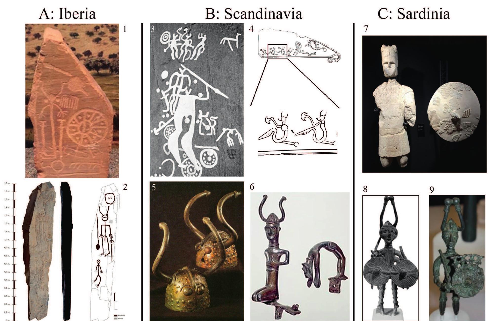 Fig. 3: Collage of horned-helmet presentations. A. Iberia: 1. El Viso |, Cordoba, H. 121 cm (H. Vandkilde photo, Museo Arqueoldégico Nacional, Madrid), 2. Esparragosa de Lares, Badajoz, H. 176 cm (Pavén Soldevilla/Duque Espino 2010, Fig. 4); B. Scandinavia: 3. Lovsdsen Tanum SHFA id 164 (Ling/Bertilsson 1994), 4. Vestrup Mark razor with miniature image of the twins and female (after Ahlqvist 2020b, fig.10),  5. Viks@ helmets, Sealand (courtesy of the National Museum of Denmark, picture: Lennart Larsen under a CC BY-SA 4.0 license), 6. two preserved statuettes from Grevensveenge, Sealand, horned twin and female acrobat, probably originally attached to a wooden model ship (courtesy of the National Museum of Denmark, picture: Lennart Larsen under a CC BY-SA 4.0 license); C. Sardinia: 7. Sculpted horned-helmet warrior from Monte Prama, originally c. 2 m tall, horns removed in antiquity (H. Vandkilde photo, Museo Archeologico Nazionale di Cagliari), 8-9. Bronzetti made by the so-called Round-Eye Artist of the Uta-Abini tradition (Lilliu 1966). Not to scale. 