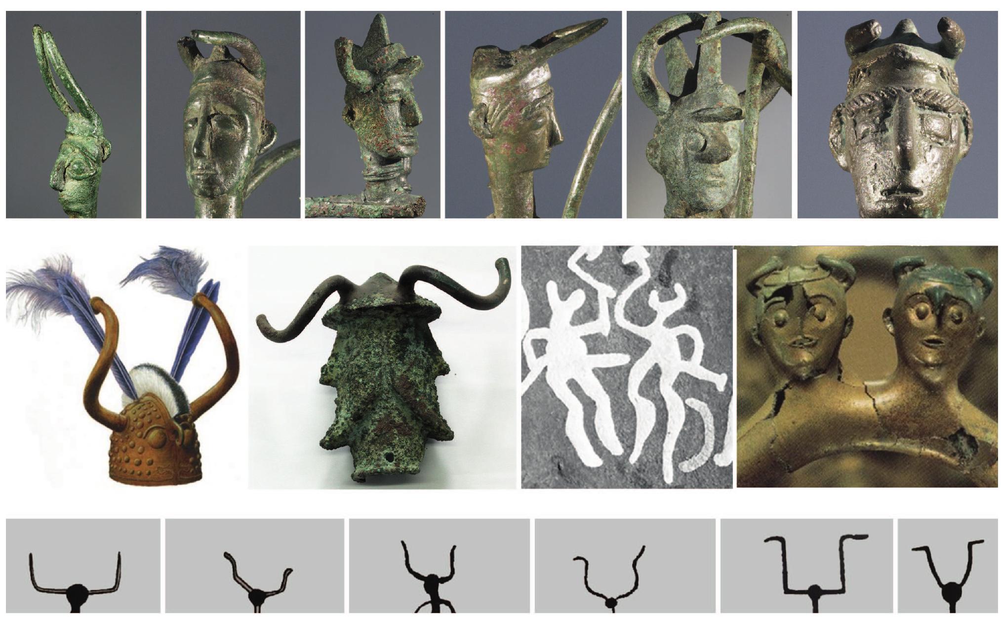 Fig. 5: Ways of representing the helmet horns in the three zones. Upper row: Sardinian bronzetti (photo: H. Ngrgaard photo with permission by Museo Archeologico Nazionale di Cagliari). Middle row: Scandinavian figures from left: Viks@ reconstructed (Kaul 2010; drawing Thomas Bredsdorff, National Museum of Denmark), Kallerup, Thy (photo: H. Ngrgaard by courtesy of Museum Thy), rock carvings from Hede Kville, Tanum (SHFA: Ling/Bertilsson 1994, picture Ake Fredsjé 1973 under a CC BY-SA 4.0 license) and Fogdarp in Scania (after Larsson 1990). Lower row: Iberian horned helmets from stelae (based on Harrison 2004). Not to scale. 