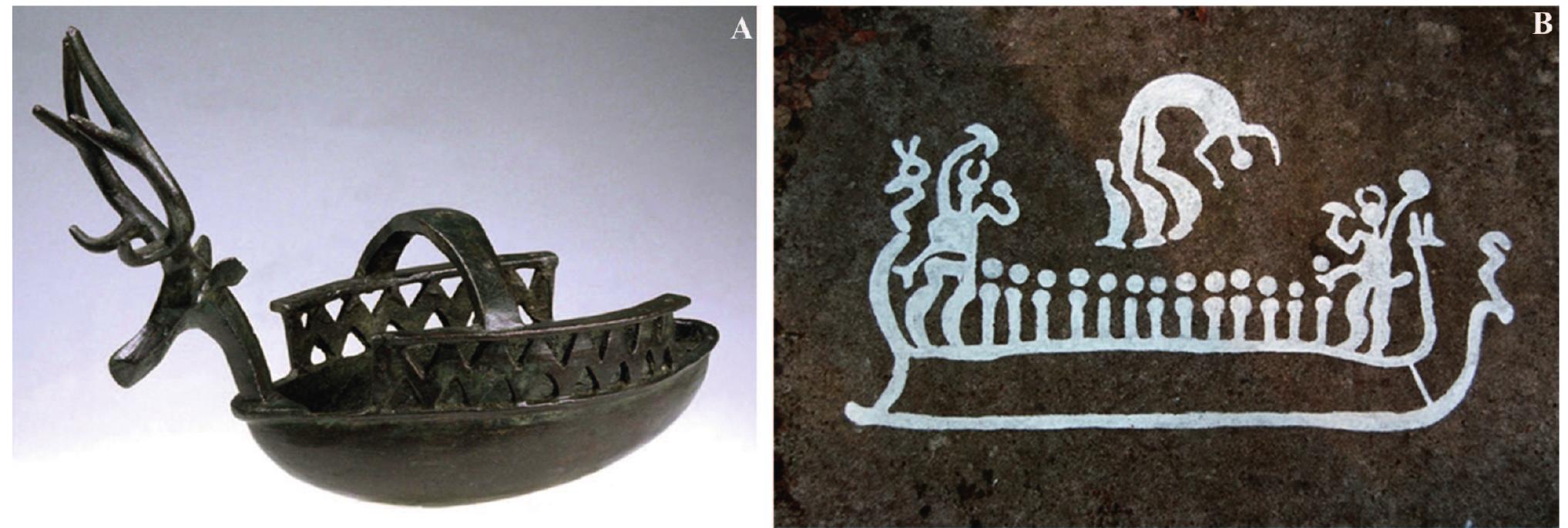 Fig. 6: A. Sardinian bronzetto boat (navicelle) with bull/ram-headed bow and birds onboard (photo: V. Matta; Museo Archeologico Nazionale di Cagliari), 1000-700 BC. B. Nordic horse-headed ship from Sotetorp in Tanum (SHFA; Ling/Bertilsson 1994, picture G. Milstreu 2006 unde a CC BY-SA 4.0 license), 900-750 BC. Note the aggrandised horned twins, female acrobat, and anonymous crew (of newly dead?). Not to scale. 