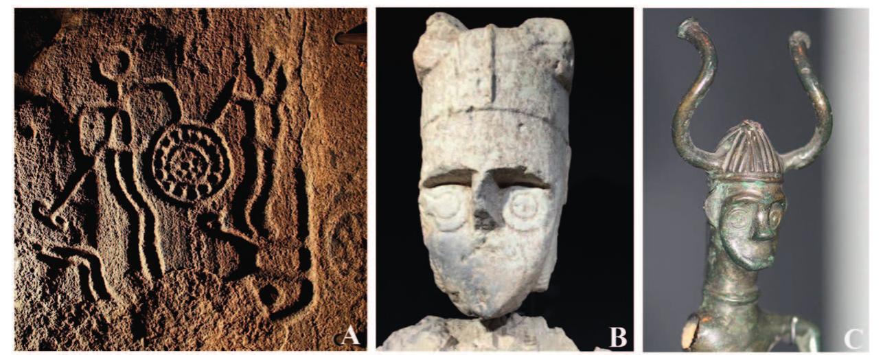 Fig. 7: A. No. 5 Hede Kville (Tanum): two horned creatures, one bigger than the other (SHFA; Ling/Bertils: son 1994, picture Ellen Meijer 2013 under a CC BY-SA 4.0 license). B. Monte Prama giant with encircled eyes and crested horned helmet, horns destroyed in antiquity (photo: H. Vandkilde, Museo Archeolog- ico Nazionale di Cagliari). C. Grevensveenge horned creature with similar recessed and encircled eyes,  though in statuette format (photo: H. Ngrgaard). Not to scale. 