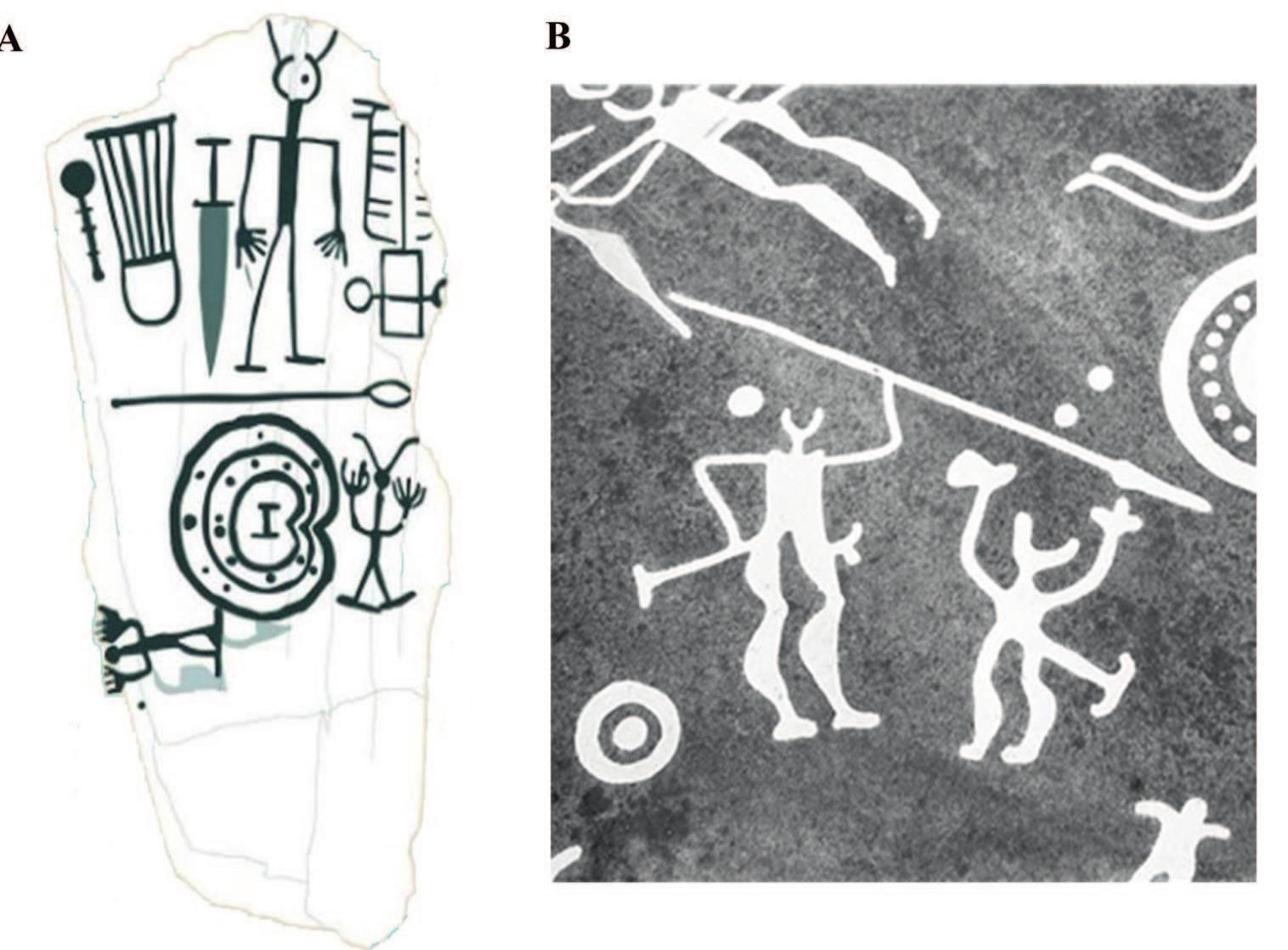 Fig. 8: Aggrandised spears and horned or unhorned creatures of various sizes. A. Jeres de los Caballeros, Badajoz (Ledesma 2007). B. Kville Hede 124, Tanum (SHFA; Ling/Bertilsson 1994, picture Ake Fredsjé 1973 under a CC BY-SA 4.0 license). Not to scale.  ated purely from local processes or randomly from multi- directional culture flows in a phase of globalisation’”. The latter scenario would likely show as a geographically scat- tered dispersal, rather than a detached triple distribution with a western cline (cf. Fig. 1). Distinct local traits never- theless exist in each zone, entrenched in local tradition.  control of ordinary human beings. Overall, the likeness between Sardinian and Scandinavian imaging is striking. 