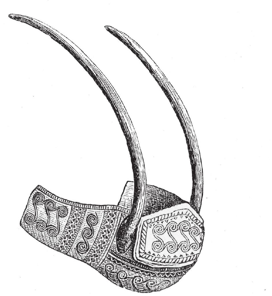Fig. 9: The horned headdress of bronze with gold foil from a bog at Hagendrup, west Sealand, NBA II c. 1400 BC. Width 12-16 cm (after Worsaae 1882). 