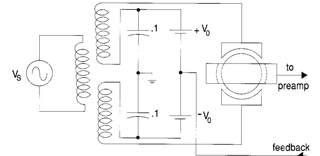 Circuit diagram for electrostatic feedback. the center tap