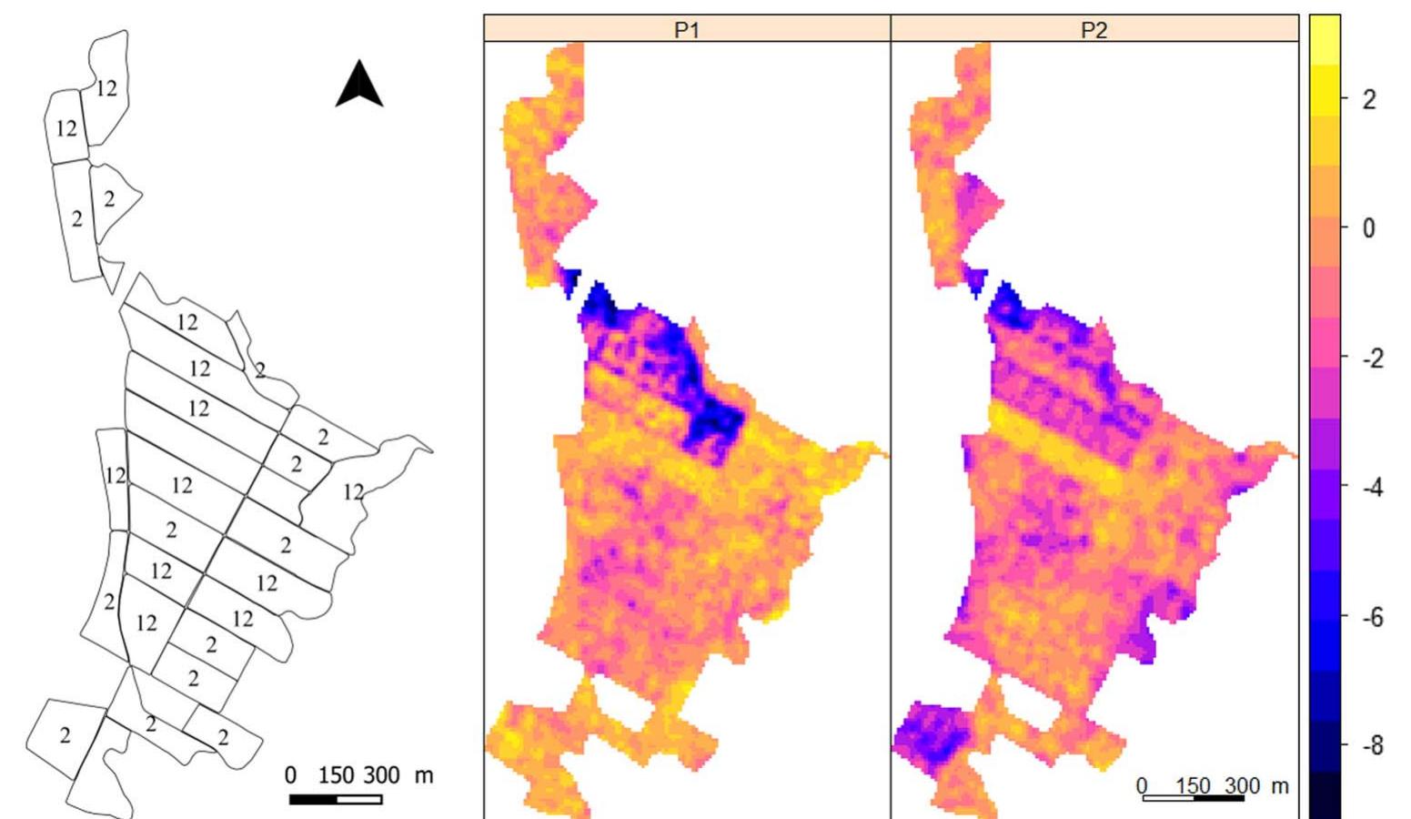 Left: map of the plots where numbers 1 and 2 mean there is