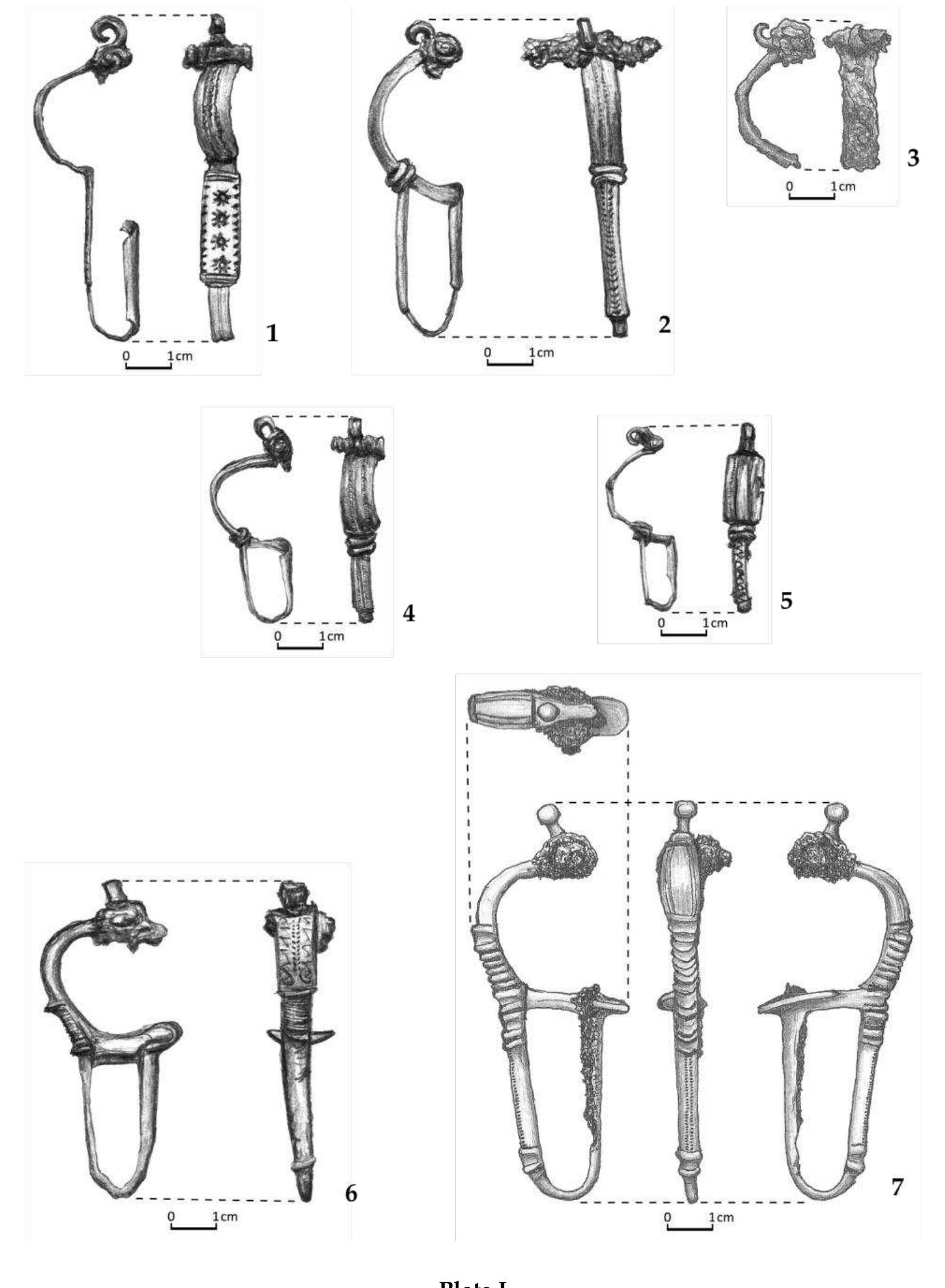 Cat. no. 1 —5 Fibulae with bent stem. Cat. no. 6 — 7 Cast fibulae with bent stem 