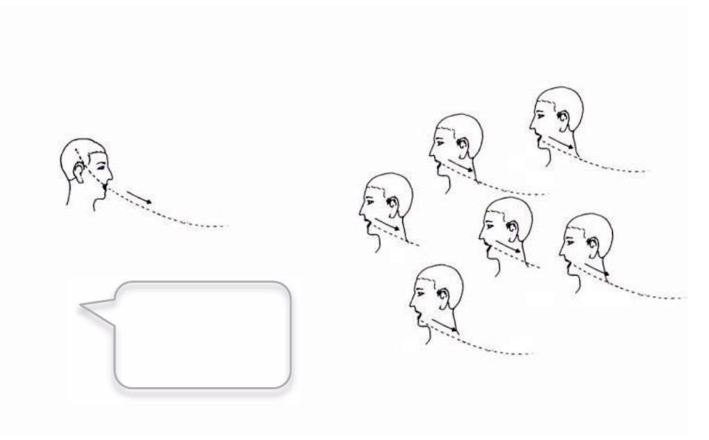 This illustrates the one-to-many transmission of an idea.  Figure 3.5 Speech in public contexts as transmission, generalising from Saussure  An alternative to Saussure’s representation can be found in figure 3.5 below. 