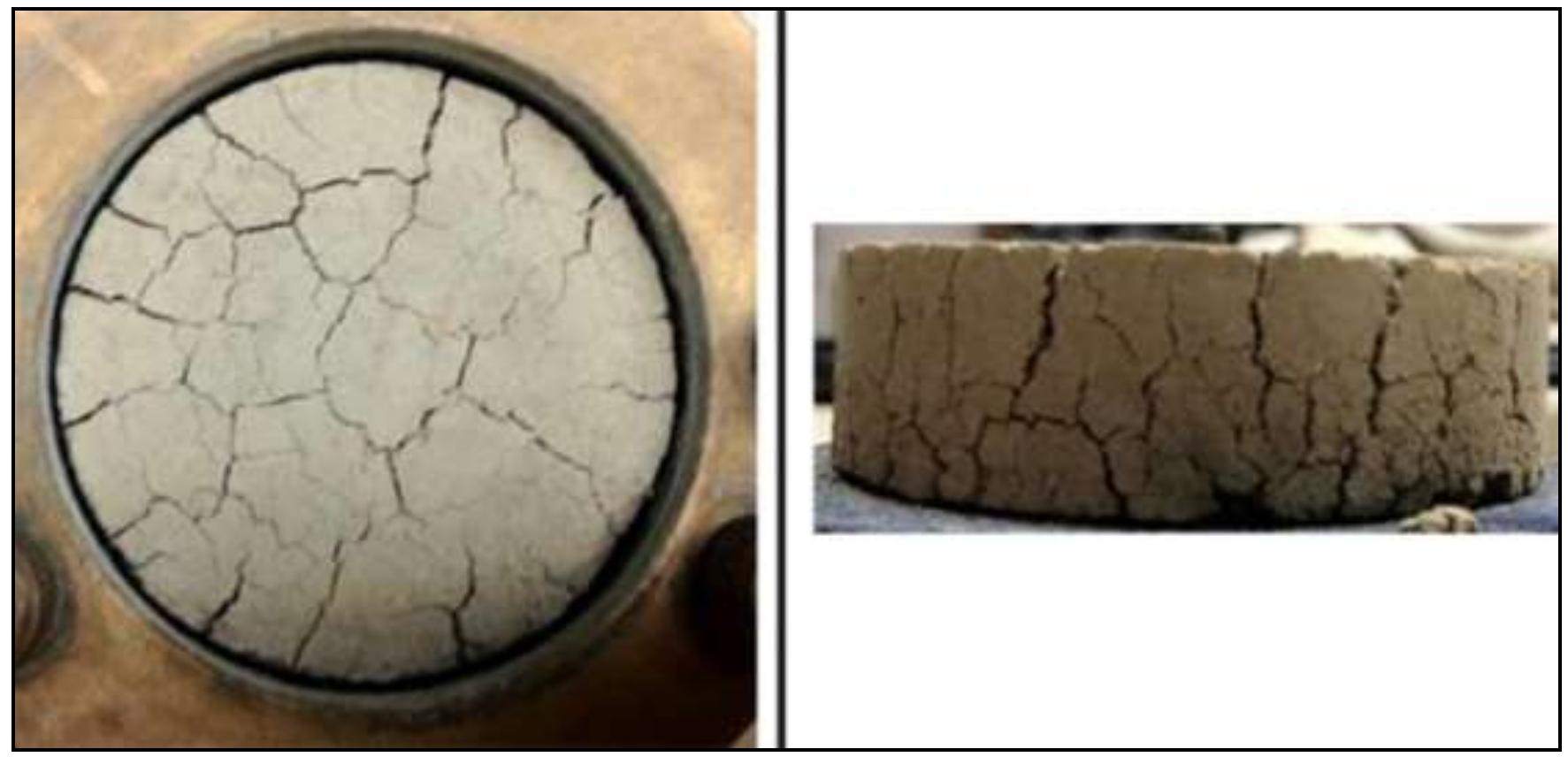 There is evidence of vertical and horizontal cracks formation during the drying cycle as the shrinkage process occurs and upon wetting cycle the cracks create preferential paths for water to infiltrate the sample. Figure 9 shows an example of the formation of vertical and horizontal cracks within the samples. The generation of the cracking in the drying phase becomes preferential wetting paths during the wetting phase by promoting swelling and closure of the cracks [29-33]. 
