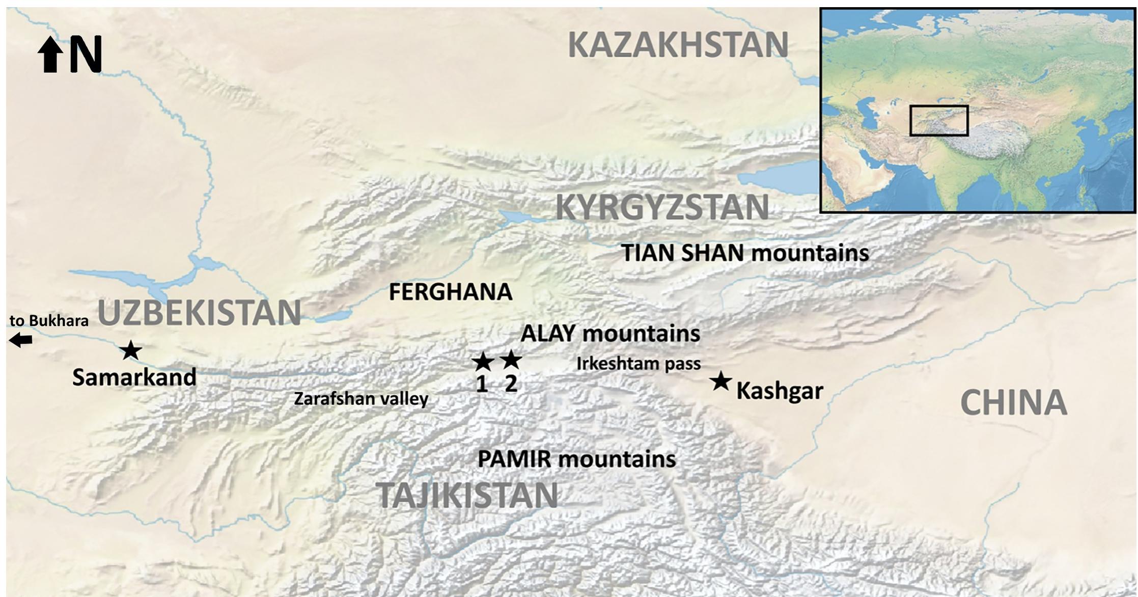 Fig 1. Map showing the study region (Alay Valley), as it relates to key geographic features. The sites addressed in the present study (1, Chegirtke Cave/Chegirtke Canyon/Kyzyl-Unkur, and 2, the Alay Site) are situated in the Alay Valley, nestled between the Alay and the Pamir mountain ranges in southern Kyrgyzstan.  