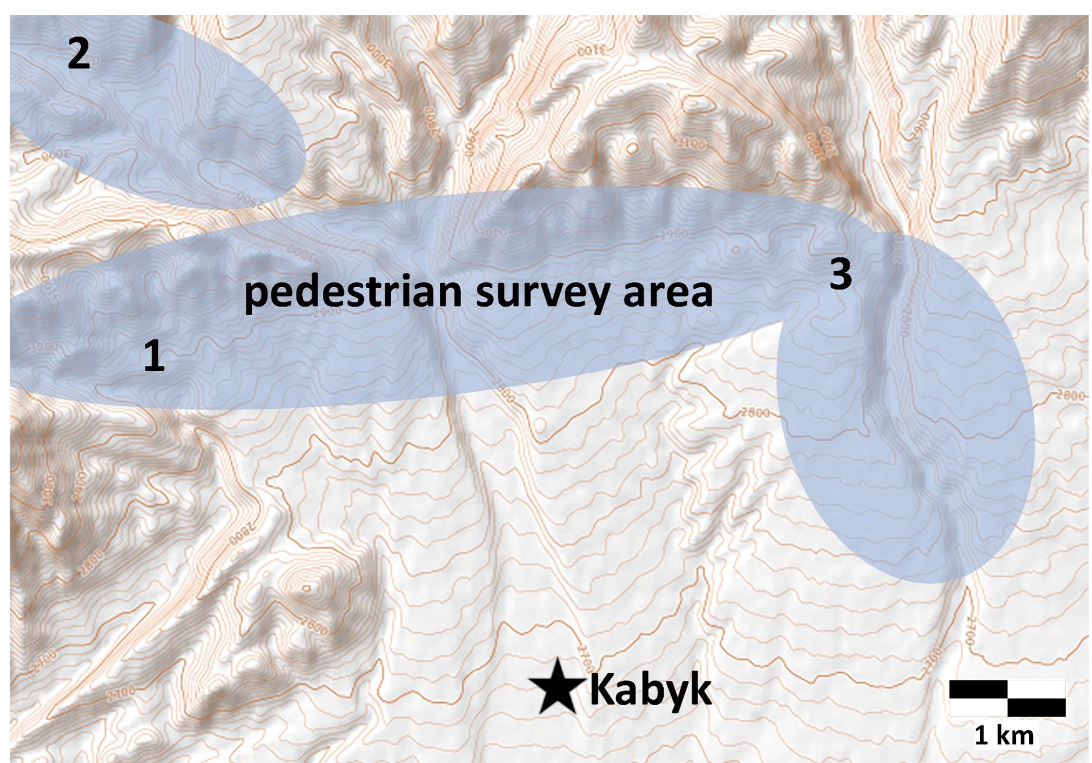 Fig 2. Pedestrian survey area north of Kabyk village, including locations of study sites: 1) Chegirtke Cave, 2) Chegirtke Canyon, and 3) Kyzyl-Unkur.  