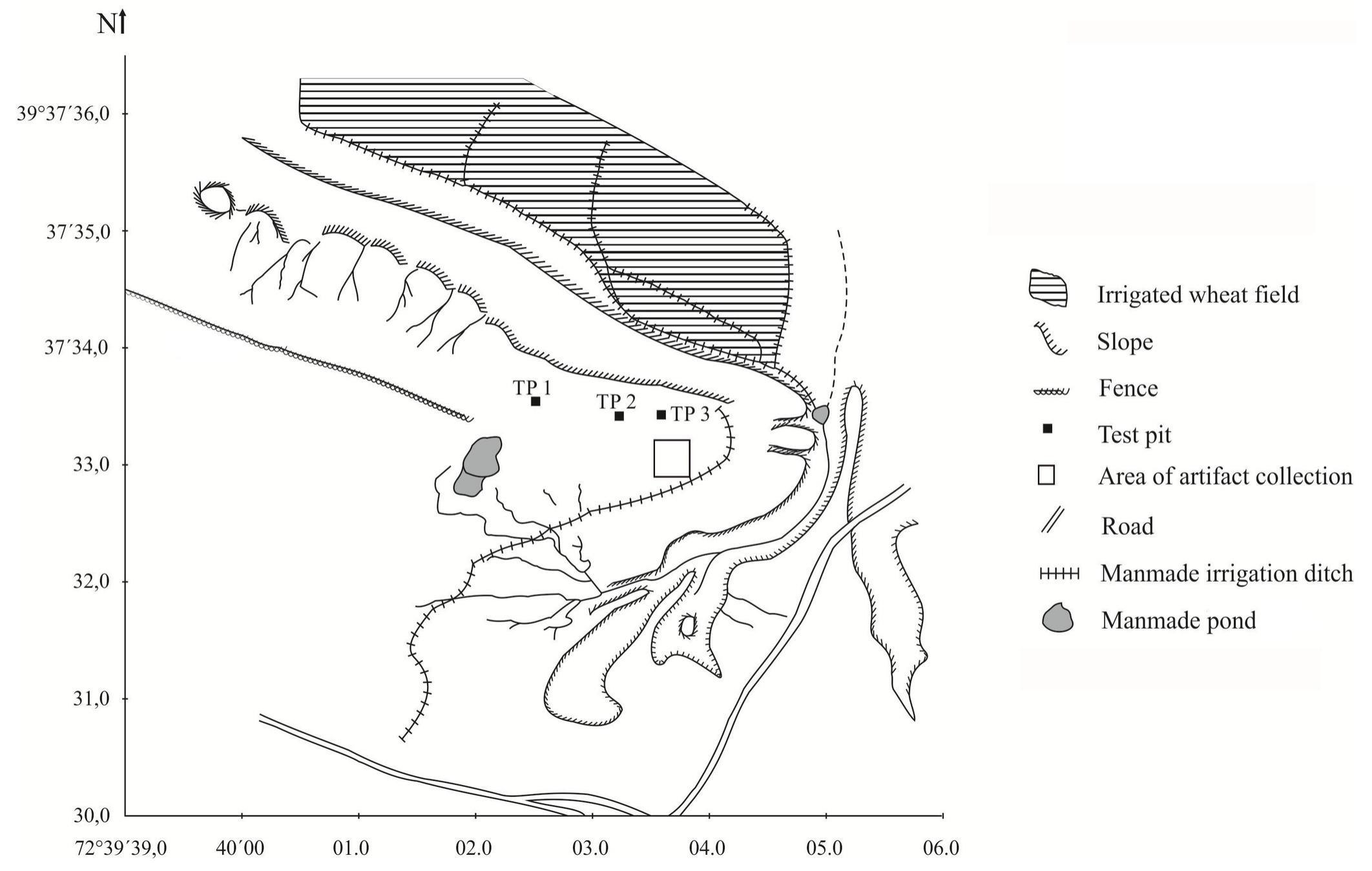 Fig 3. Map of the Alay Site and archaeological test pits/collection area, as they relate to topographical and modern features.  For each specimen, we conducted taphonomic analysis and species identifications using com- parative faunal collections held by the Russian Academy of Sciences-Siberia in their field sta- tion in Aidarkyen, Kyrgyzstan, and attempted refits for all specimens to control for issues of 