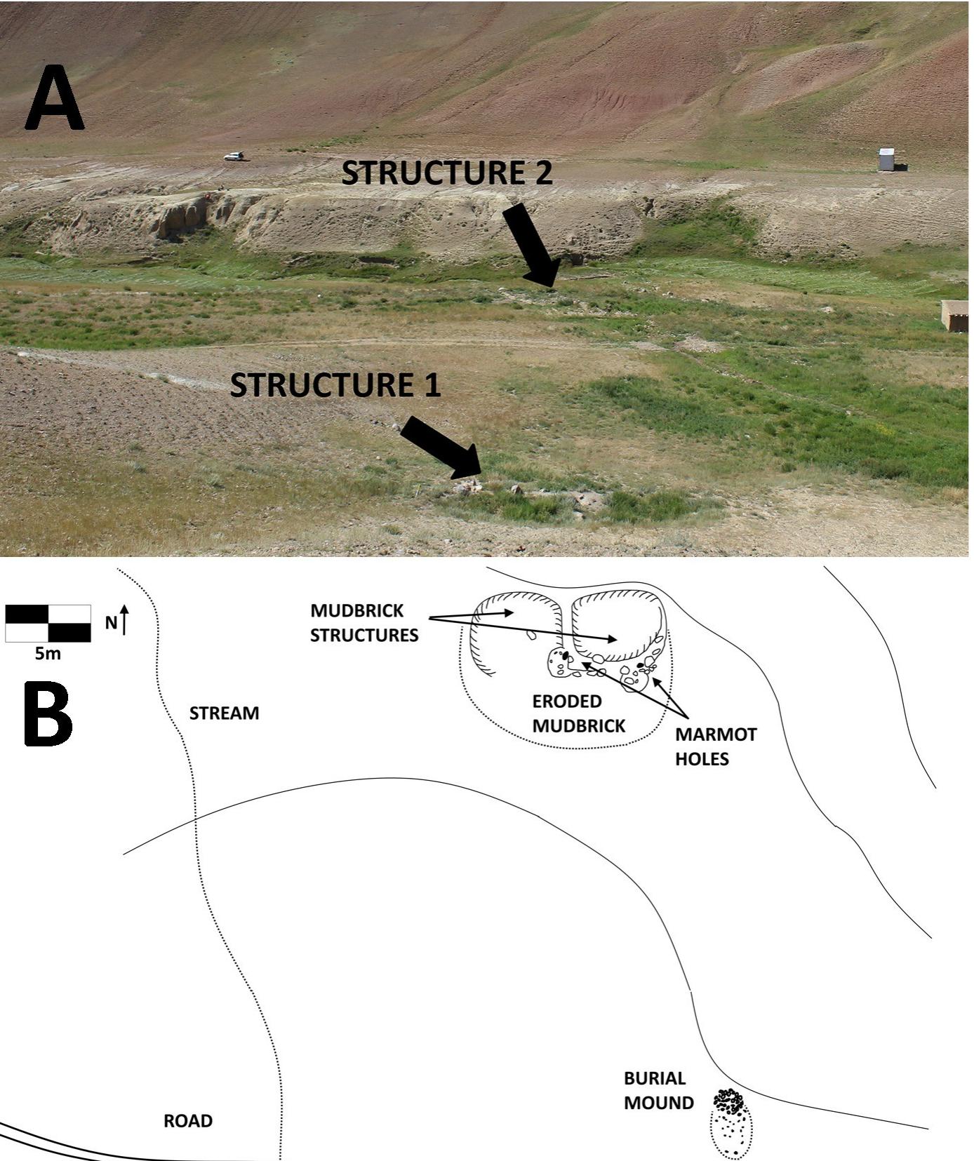 Fig 8. A) View of Chegirtke Canyon Structures 1 and 2, on the northern bank of a small creek. View to south, and B) Plan view sketch of Chegirtke Canyon Structure 2, showing two-room mudbrick structure and location of nearby cultural and topographic features. 