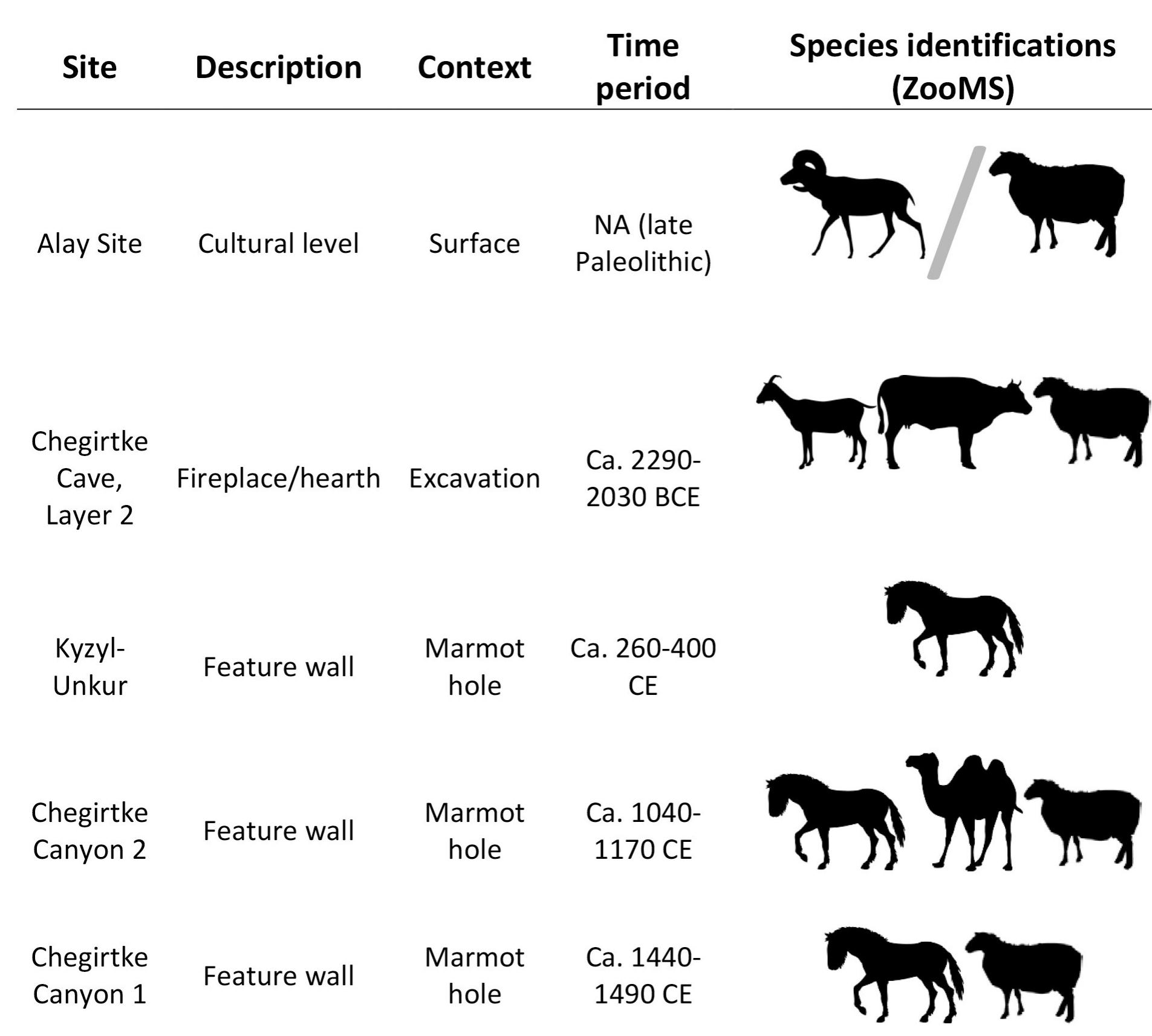 Fig 10. Species richness from ZooMS analysis of faunal remains from habitation structures in the survey area, along with approximate age Specimens with lower levels of taxonomic specificity have been excluded from this table.  