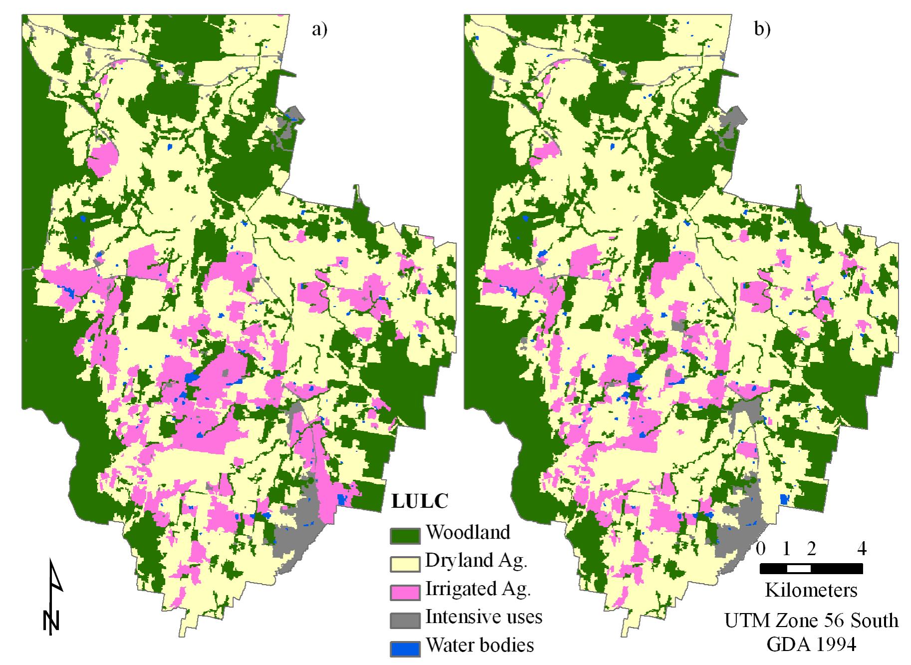 8. a) 2000 stage 2 map; b) 2000 reference lulc map in