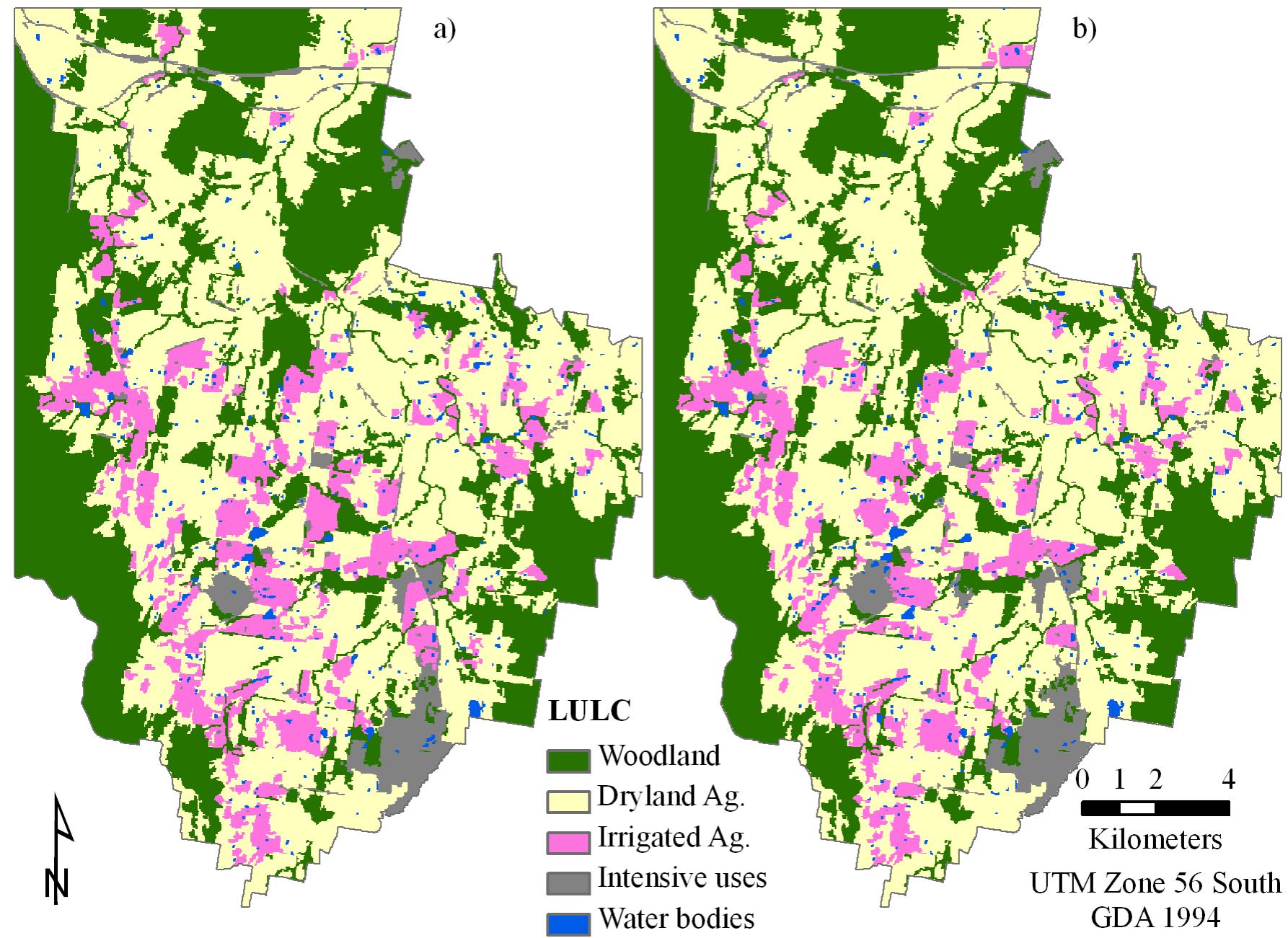 8. a) 2000 stage 2 map; b) 2000 reference lulc map in