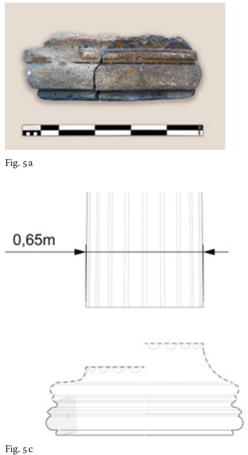 To our knowledge, this base type is unique among the little evidence that we have from Mid-Republican architecture in Rome, independently of how we reconstruct its missing parts’. The pronounced horizontal divisions with the characteristic triple round fillet seem reminiscent of column bases from Asia Minor; a few comparable examples are known from the 1* cent. AD™. The contracted trochilus between the two triple round fillets, however, is a typical feature of the Ionic-Italic order of the Hellenistic period; this may be a local variation”.  One technical detail should be noted: the lower bearing surface of the column base shows an anathyrosis that reduced the contact surface between base and stylobate to a ring of about 4. cm. Certainly, the hollow space under the base was filled with mortar or a fine plaster slurry (fig. 5b). This technique would have been advantageous for the precise  ring of about 4. cm. Certainly, the hollow space under the base was filled with mortar or a 