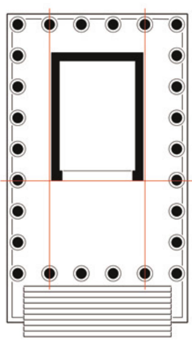2a) determined the basic layout (columnar centre points, outline of cel/a) of all late: yhases, and it also required half-columns around the cella in order to function properly  Our new reconstruction of the phase 2a ground plan is based on the columns tha ire extant along three sides of the temple (fig. 7a). They allow us to establish a uniforn ‘olumnar axis width of ca. 2.75 m for the sides and the front. More difficult is the ques ion of how many rows of columns the pronaos accommodated. The opus caementicium vhich was poured between the stripe foundations of the earlier stairway (1a) as founda ions, created a massive block for the frontal columns; it would have been wide enough t« iccommodate a second row of columns (in accordance with the extant side columns). A hird row is also possible, as it could have used the ashlar foundations of the earlier tem le. At this point, we can consider a measured sketch drawing which Antonio da Sangall he Younger drew during the first half of the 16" cent. in the basement of the church o . Nicola dei Cesarini, where a part of the Roman temple was still visible (fig. 10). San: sallo documented the southern cella wall and, next to it, in the pronaos area, two rows 0 ‘olumns. When comparing this with the extant remains, it becomes clear that the fronta ‘ow of columns must be missing in Sangallo’s sketch because the extant columns attes hree intercolumnia between the cella wall and the frontal fagade and not two, as in San. allo (figs. 7 and 9)”. Probably, the frontal row of columns had to give way to the churcl oundations, or it was integrated into them, and therefore it does not appear in Sangallo’ ketch. In any case, it confirms what the foundations suggest: the pronaos accommodatec  