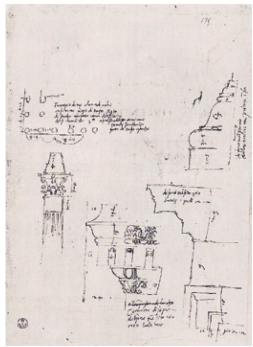 Fig.10 Rome, Largo Argentina, Temple A; Antonio  da Sangallo the Younger’s (1484-1546) measured sketch drawing of Temple A with part of the ground plan (upper left), a column with an extended shaft, and a detail of the entablature. It represents the parts of phase 3b that were still in situ during the Medieval period (Florence, Uffizi, A 11401) 
