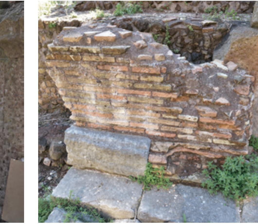 A special concern for cost-efficiency can be seen all around the podium of phase 3a. As a result of urban densification, two sides of the temple were now hardly visible anymore, and this helped in cutting costs. The west (back) side faced a narrow alley and looked  onto a high tuff wall, which formed the back wall of a latrine bel  onging to the neigh-  bouring theatre of Pompey complex (fig. 12a). Here, the podium’s base moulding was in brickwork instead of travertine, thus saving about twelve running metres of moulding blocks (fig. 13b). Along the south side, a building had been crammed in between Tem-  ples A and B, perhaps a small assembly or banquet hall. As a resu  t of its construction,  the Republican temenos wall (1a and 2a) was abandoned. The assembly/banqueting hall  was built in two stages, perhaps during the late 1“ cent. BC and/or t case before the fire of AD 80 as the temple’s phase 3a renewal res  not possible to apply the same podium facing as on the other (nort  herefore, the architect decided to conceal the gap at the front (east) side. The travertine facing of the temple’s stairway was extended to connect with the neighbouring facade,  he 1* cent. AD, in any pected its presence™.  he gap between the temple and its new southern neighbour was so narrow that it was  h) side of the temple.  thus creating a common socle zone for both buildings (fig. 12a). This unification of the facades probably also included the other temples. Finally, we should note that the pave- ment in front of the stairway’s wings preserves rectangular inlets with drainage channels, perhaps for water basins or fountains in marble or granite. They would have flanked the  temple steps (fig. 12a)”.   Fig.13 Rome, Largo Argentina, Temple A; phase 3a podium, late 1 cent. AD  13a Lateral exten- sion in travertine and brickwork  13b The change of material from travertine to brick- work at the back (north-western cor- ner) of the temple 