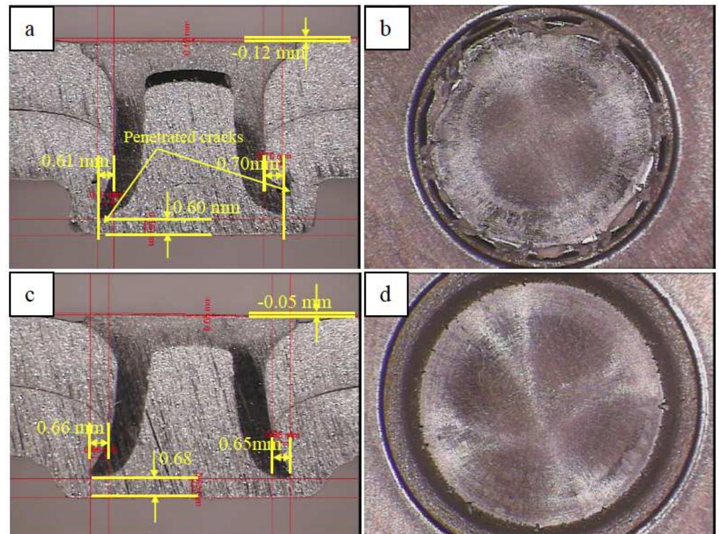 Cross-sections and button images of spr joints for stack