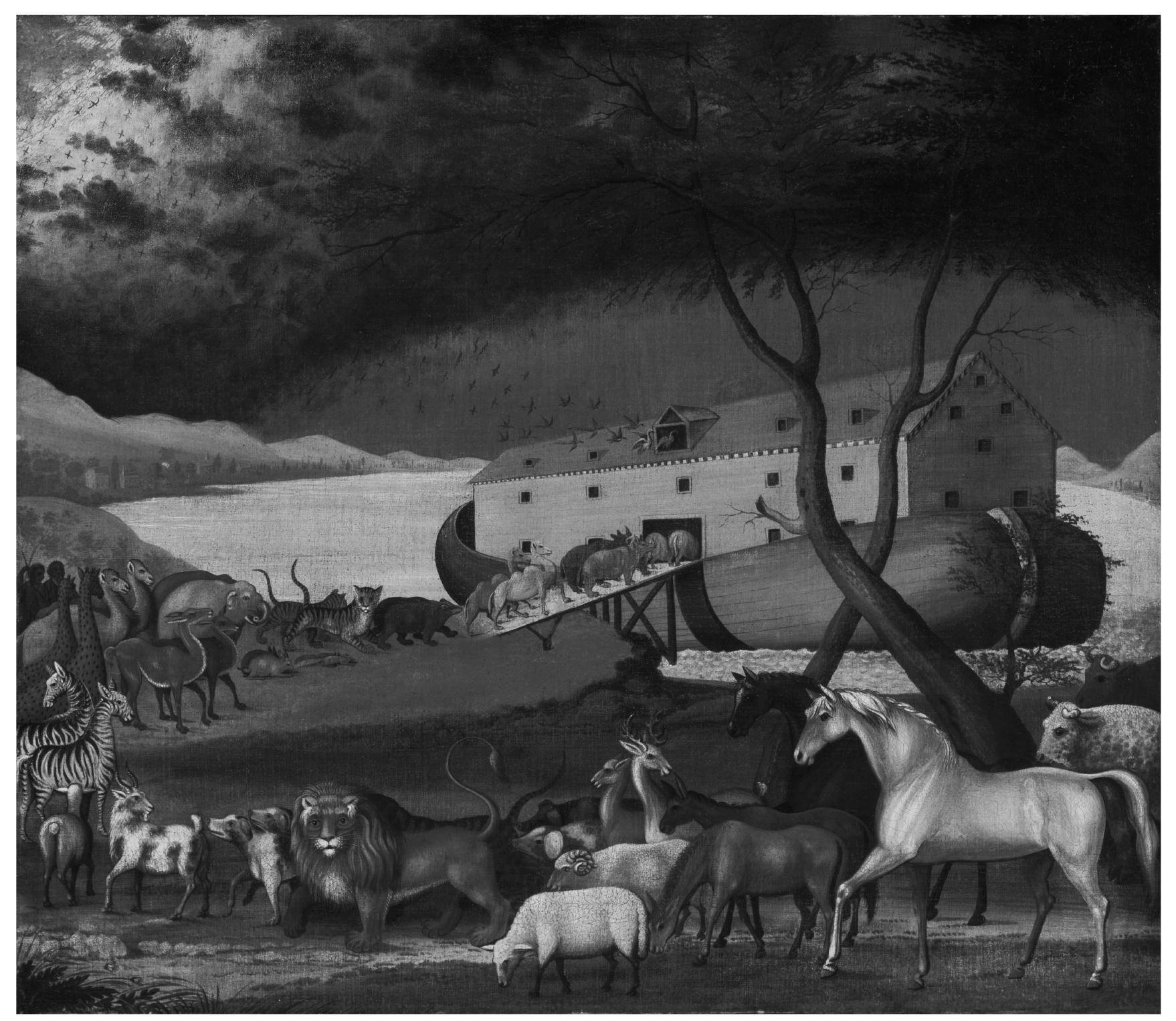 Abb. 8: Edward Hicks (1780-1849): Noah’s Ark. Oil on canvas. 66,8 x 77,2 cm. 1846. Philadelphia Museum of Art.  To sum up this part, it should be noted that in the Bible many verses are expressing God’s concern for all animals: »The LORD is good to all, and His mercy is upon all His works.«*° If the Jew is commanded to walk in God’s way, this means having concern for all animals. Martin Buber, the founder of the philosophy of dialogue, writes: »The man who loves God loves also him whom God loves. [...] Both love of the Creator and love of that which He has created are finally one and the same. «*° This means that there should not be a conflict between our approach to humans and that to animals. A father who cares for his son more than 