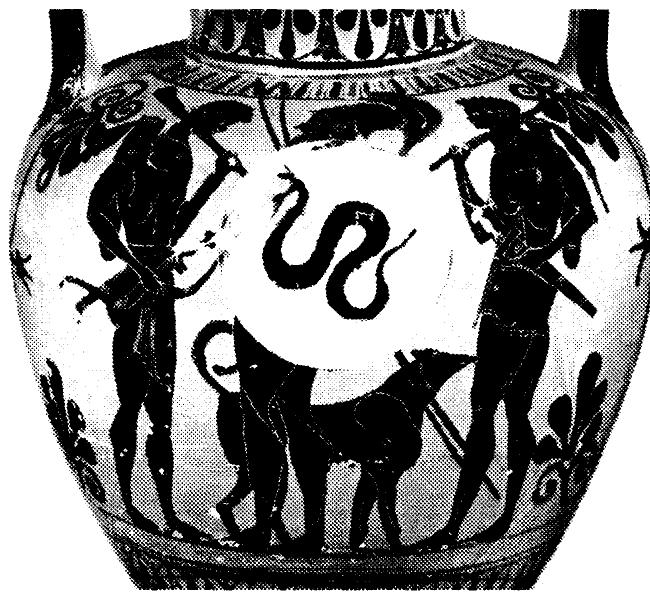 Figure 5: Memnon, ally of Troy, King of Ethiopia, is indicated as such by being flanked by black attendants who bear  Ethionian arme (cliyhc) Attic hlack-  In the art of the sixth century there is an occasional hint of 