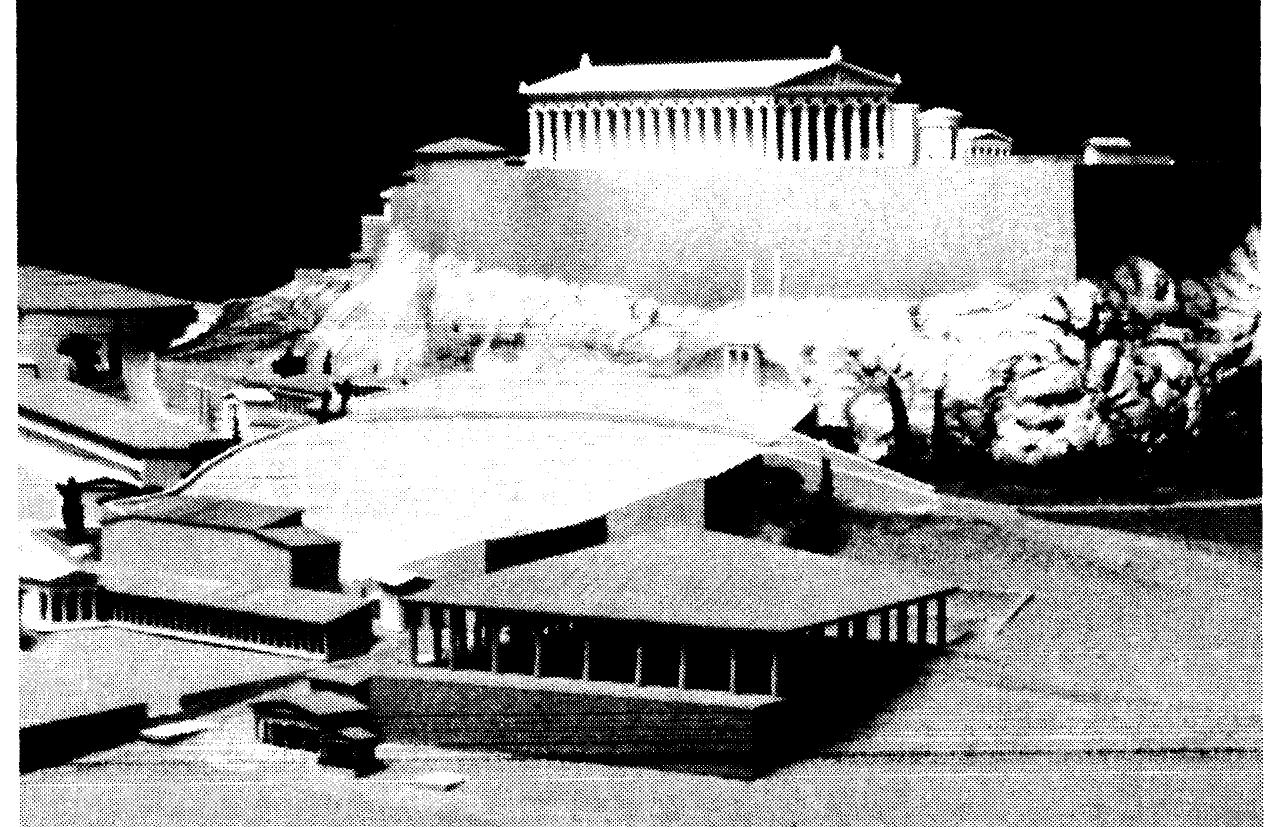 Figure 12: The ‘Odeion of Perikles’ on the south-west slope of the Acropolis, conspicuous owing to its many columns and pyramidal roof. Model of the Acropolis (1985) in the Acropolis Studies Center, designed by M. Korres. Photograph courtesy Manolis Korres.  many angles. Vitruvius knew a tradition that Themistokles roofed 