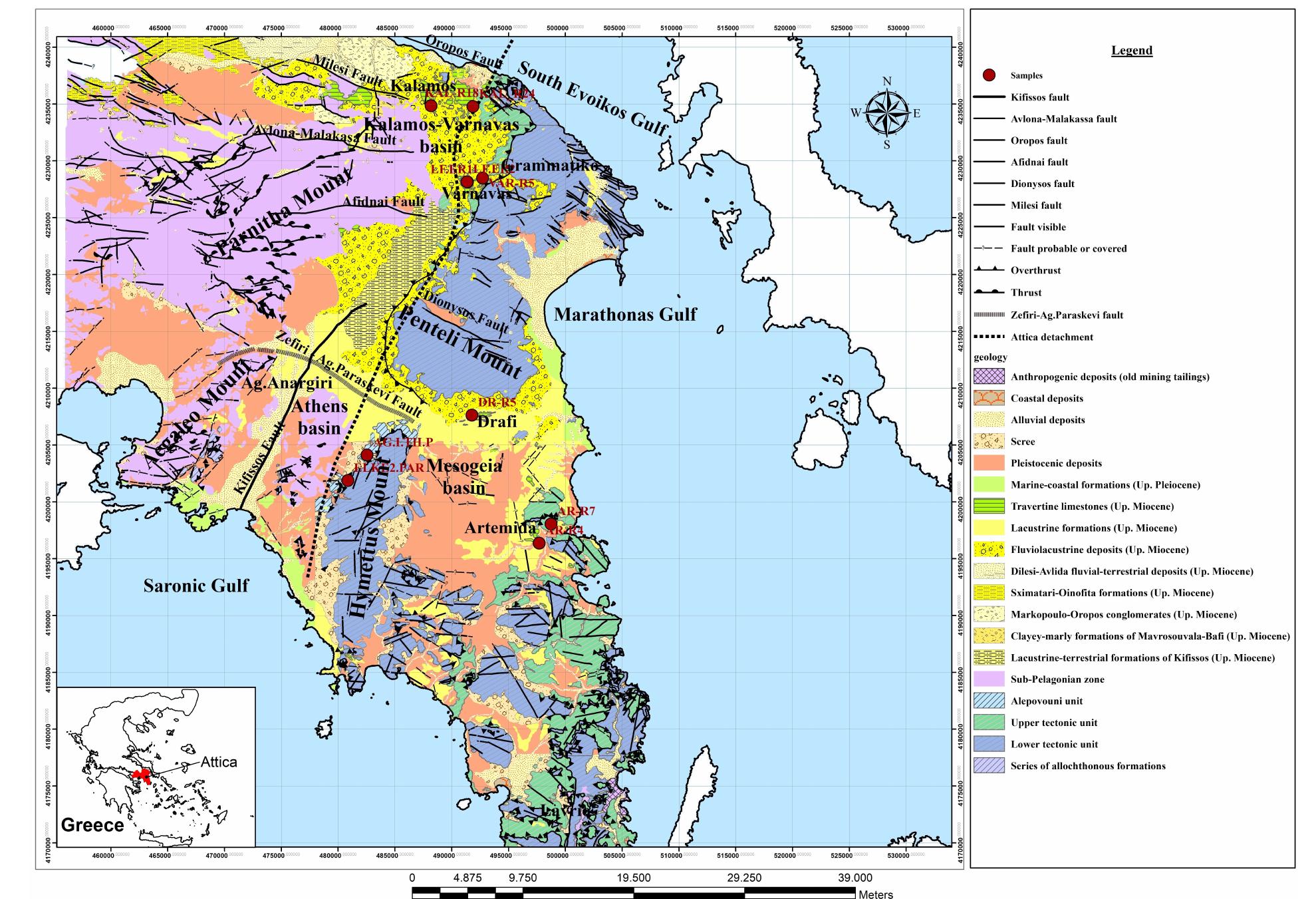 Figure 1: Geological sketch map of Attica, showing the sampling sites (modified from Kampouroglou, 2016; after 1.G.M.E., 2000; 2002; 2003; Papanikolaou et al., 2004). 