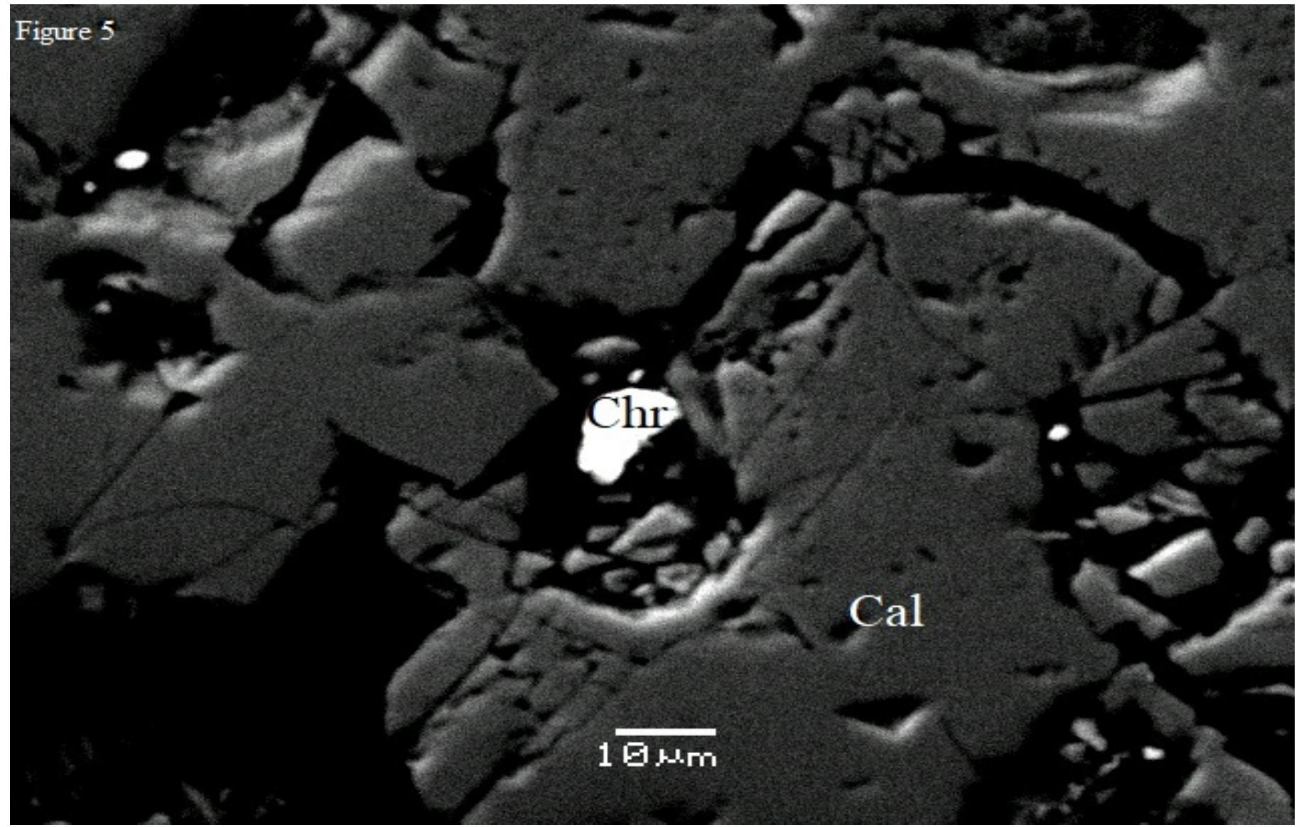 Figure 5: Representative backscattered SEM image of the travertine at the Artemida area (Mesogeia basin) showing dark grey calcite an chromite. Abbreviations: Cal=calcite; Chr=chromite. 
