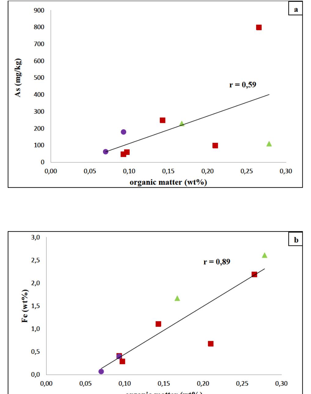 Figure 6: Plot of As (a) and Fe (b) content versus organic matter in terrestrial carbonates. Data from Table 1 and Table 6. 