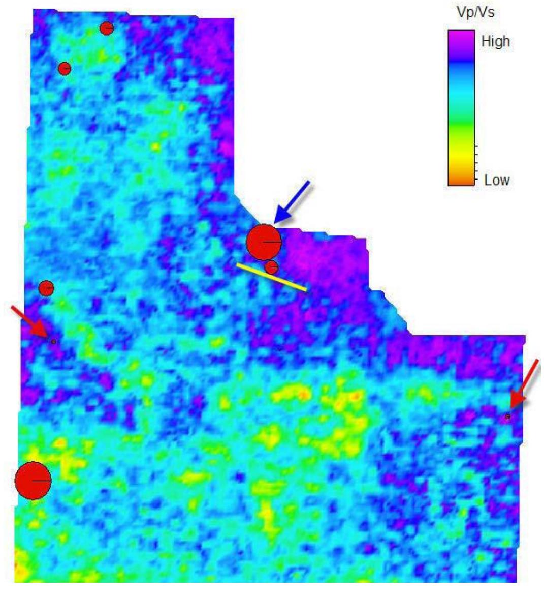 Inversion Well Map of median vp/vs ratio and porosity-height from 8 wells