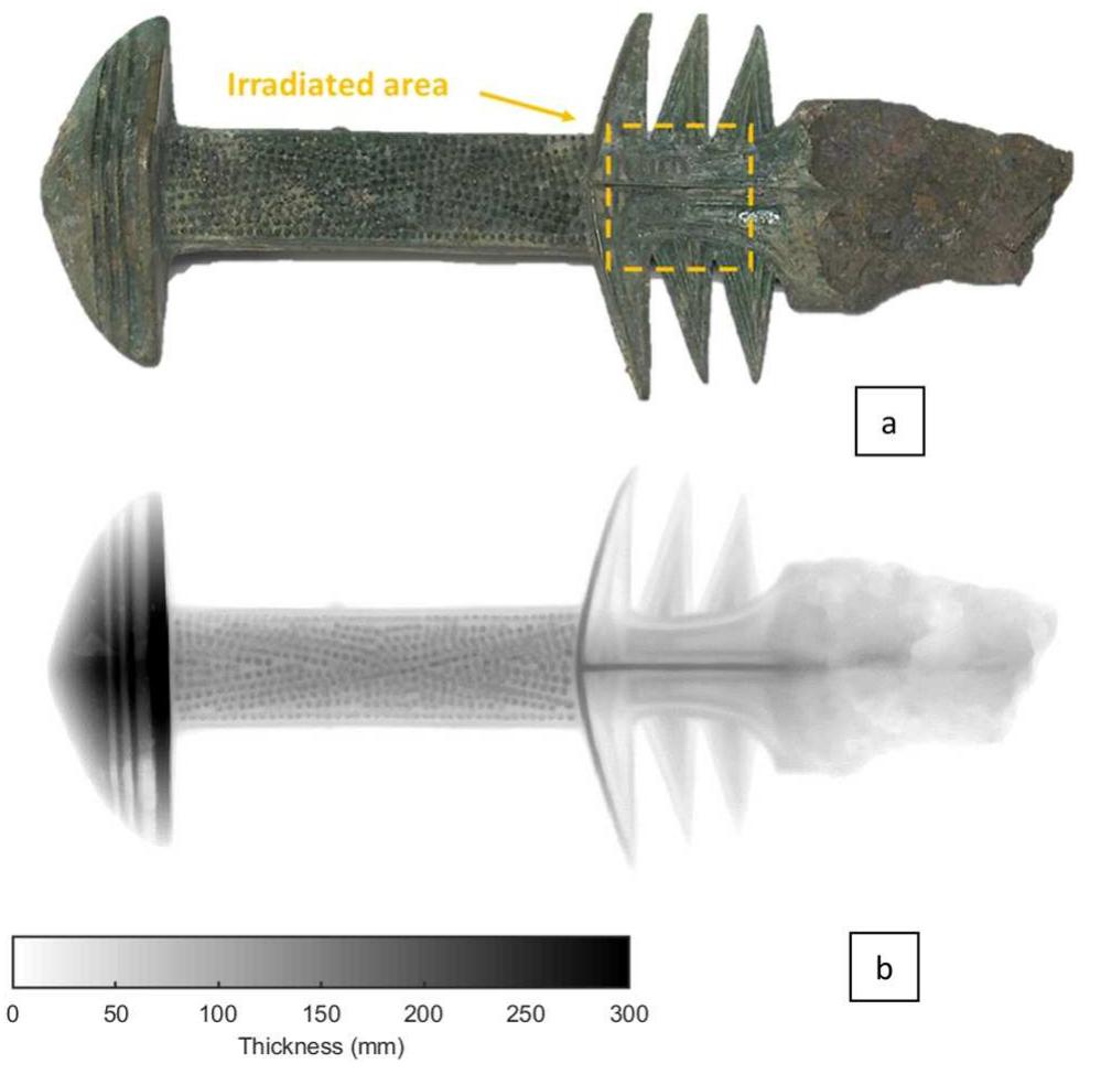 FIG. 3. (a) Picture of the artifact under investigation, a bimetallic Chinese sword likely from the first or second century BCE. (b) Thickness map of the sword fragment calculated from 3D tomographic data. 