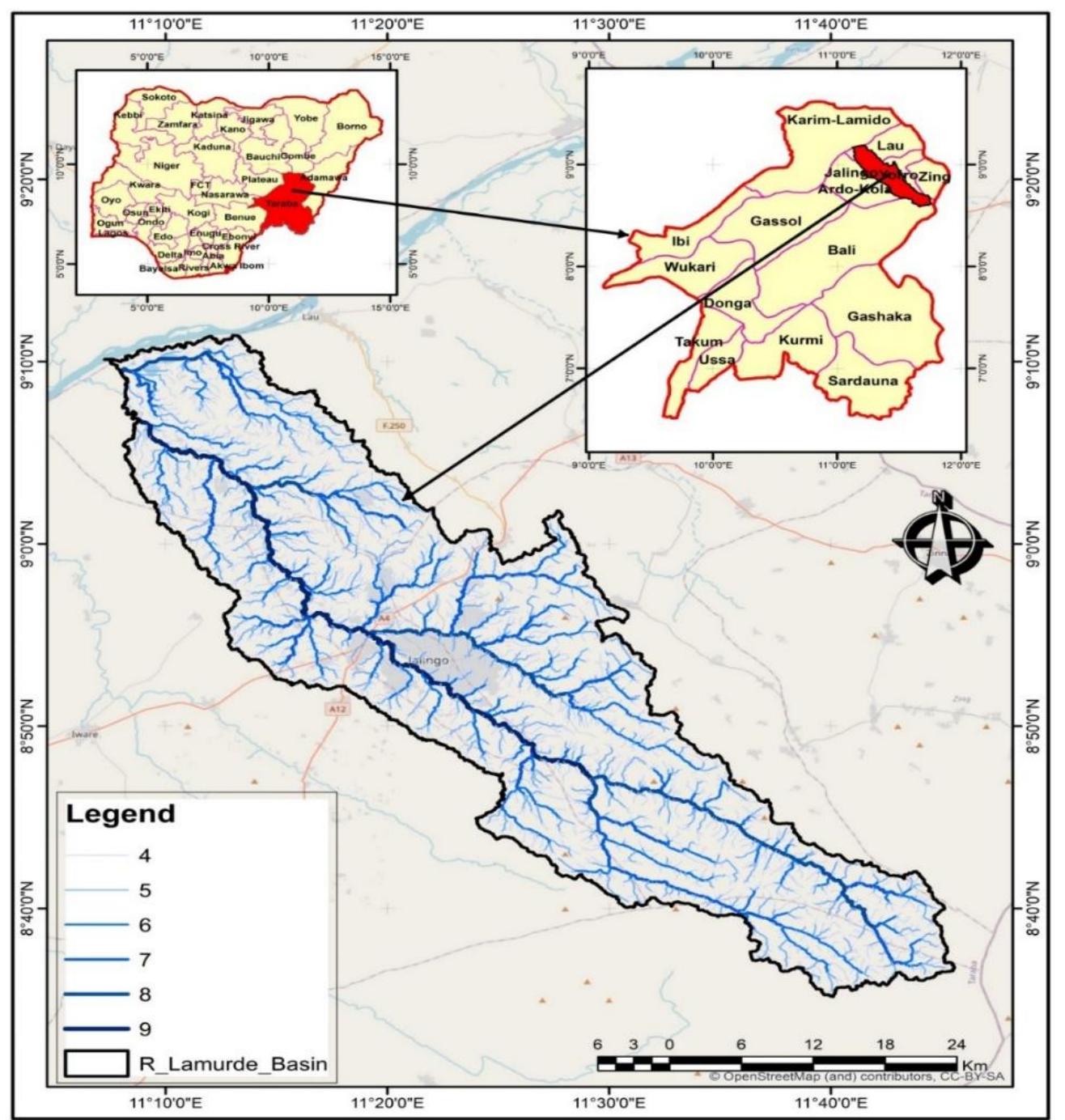 Jalingo LGA is roughly located between latitudes 8°47’N to 9°01’N and longitudes 11°09’E to  Fig. 1. Map of the Study Area  TT SoUE. It Ils DOUNGed to the Nortn Dy Lau LOCal! Government Area, to the East by Yorro Local Government Area, to the South and West by Ardo Kola Local Government Area. The Lamurde drainage basin is located between lat. 9°11'N to 8°35' and between longitude 11°7'E to 11°45'E. Jalingo town lies within the Lamurde River basin. River Lamurde which drains Jalingo town is a ninth stream order that took its sources from the Yorro Mountain near Gangoro and flows downhill through Yorro, Tazarang, Alkali Gwa, Bassa and Jalingo (Fig. 1). The river flows for over 96km westward before emptying into the Benue River system near Tau community. Jalingo town is made up of undulating plain interspersed with mountain ranges. These mountain ranges surrounded the town in a circular form, extending from Kona area through the border between Jalingo and Lau LGAs down to Yorro and Ardo Kola LGAs to Gongon area. The basin has only one outlet, which is the Lamurde River, to drain water from the basin to the River Benue system. Most of the agricultural farming activities are rain fed with few places along the main Lamurde river used for irrigation especially within Jalingo town.  
