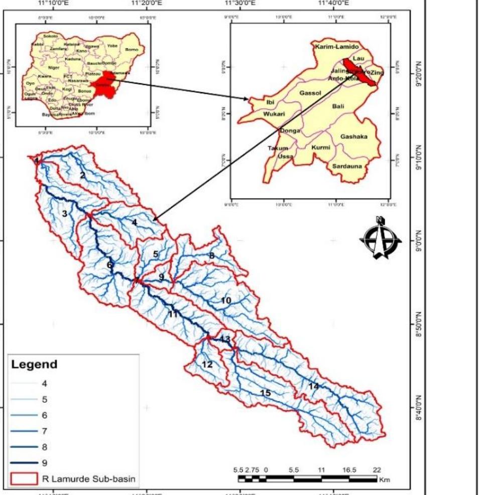 The data that was used in this study include Enhanced Thematic Mapper (ETM+) and Shuttle Radar Topographic Mission (SRTM) and digital elevation model of the basin. This was obtained from the United State Geological Survey (USGS) online open resources. It was projected to UTM and spheroid WGS 1984. The study used the Minna datum, UTM zone 32N and the pixel size was 30 meter. The processed image was used to identify the drainage pattern and perform the morphometric analysis. Topographic map of Jalingo area on toposheets: 193, 194, 195, 214, 215, 216, 235, 236 and 237 at 1:50000 scales was used in this study. The Lamurde watershed was delineated into sub-watershed for morphometric prioritization method analysis  