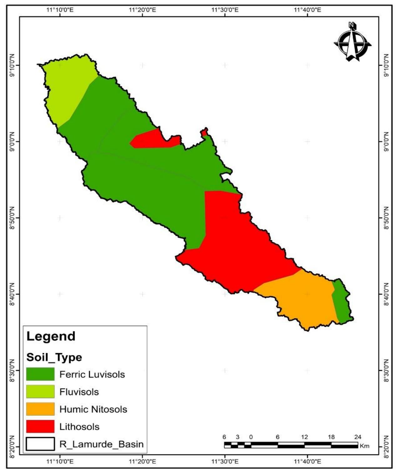Fig. 3. Soil Map of the Lamurde Basin  [35,36], using different prioritization methods [37]. These different techniques used have their weaknesses which include the number of limited parameters and the involvement of the expert opinion in weighting the parameters [13]. However, prioritizing the watersheds based on morphometric parameters is a necessary method for sustainable management of the watershed [13]. This is because data on drainage basin morphometric characteristics are always available and reliable due to the constant morphometric and physiographic characteristics of the watersheds. Therefore, it is possible to prioritize sub-watersheds on this basis [88]. However, the result of the present study varies from earlier morphometric analysis of the basin by Oruonye et al. [39]. All the values of the morphometric analysis differ with the present findings. In the earlier study, the entire drainage segments were digitized as lines separately using Arc GIS 9.2 software, whereas in the present study, higher version ArcGIS 10.3 and   enerally, soils with faster infiltration rates, gher levels of organic matter and improved soil ructure have greater resistance to erosion. and, sandy loam and loam textured soils tend be less erodible than silt, very fine sand and rtain clay-textured soils. 