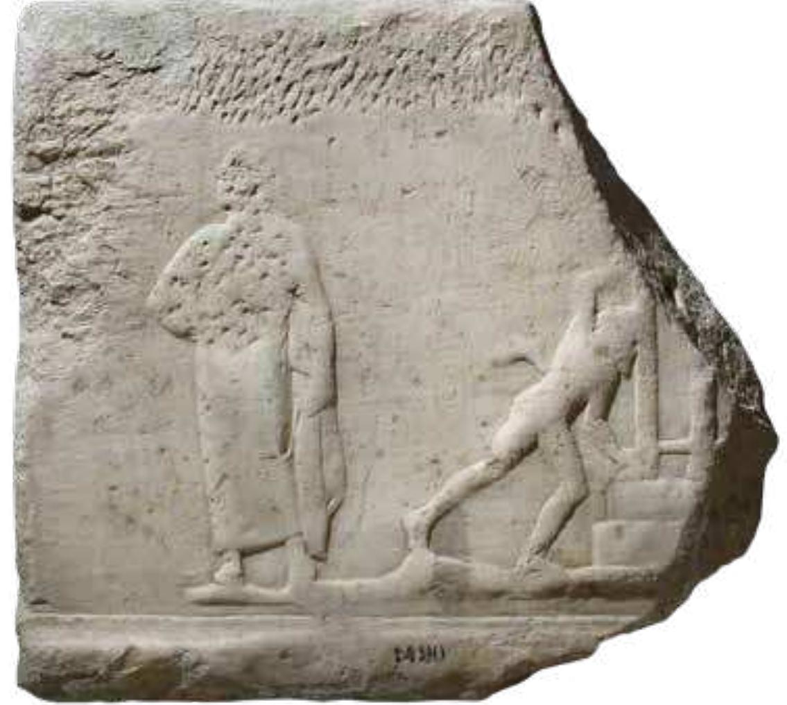 spectively’. The latter was decorated with relief wreaths — ten olive and one ivy —on tts frieze, the central part of which was displayed two decades ago at the National Archaeological Museum, inv. no [ 3943" (fig. 6). Relief decoration has been regarded as belonging to two more choragic monuments in the form of naiskos. In one of them, NAM I 1688", part of the entablature is preserved: in a metope between triglyphs, three mourning female figures are depicted, possibly identified with a representation of the Nekyia. Of the decoration of the pedi- ment of the second monument two fragmentary figures of half-reclining Silenoi are preserved, NAM [12059 and Acropolis Museum 4760". 