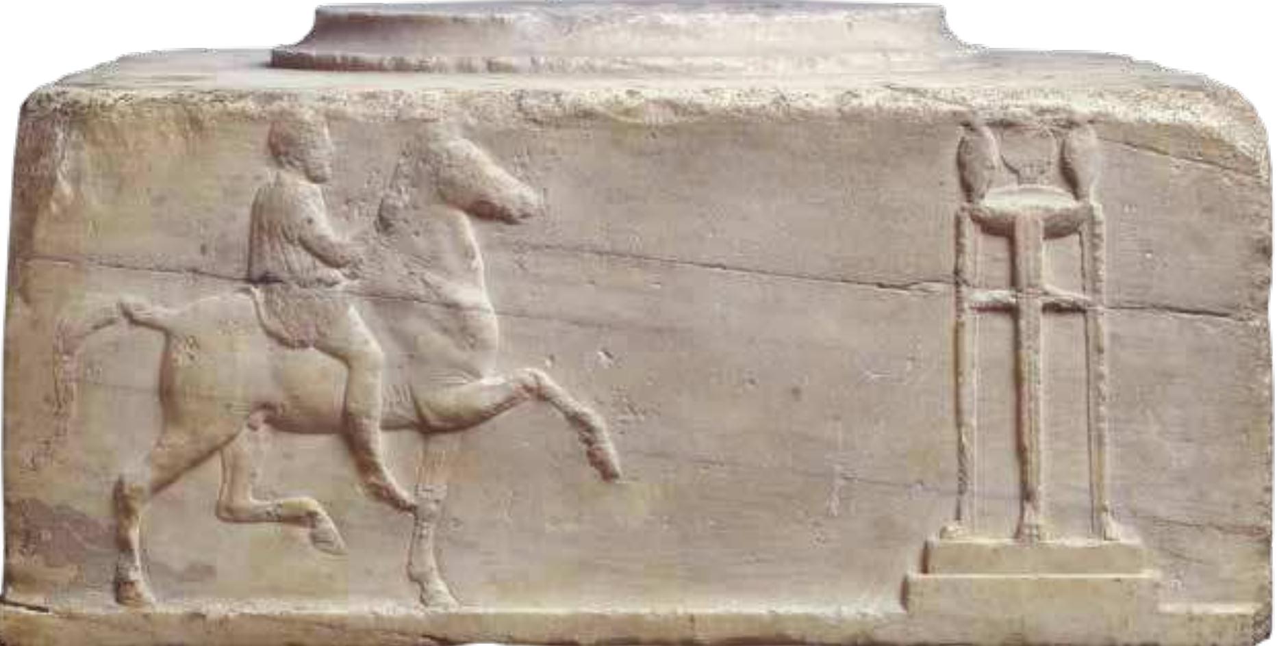 Fig. 14. Marble base of a votive erected by victors in anthippasia, NAM [ 1733. Found in Athens, NE of the Theseion. Three phylarchs  of the winning phyle are shown moving towards d tripod. Mid-4th c. BC. 