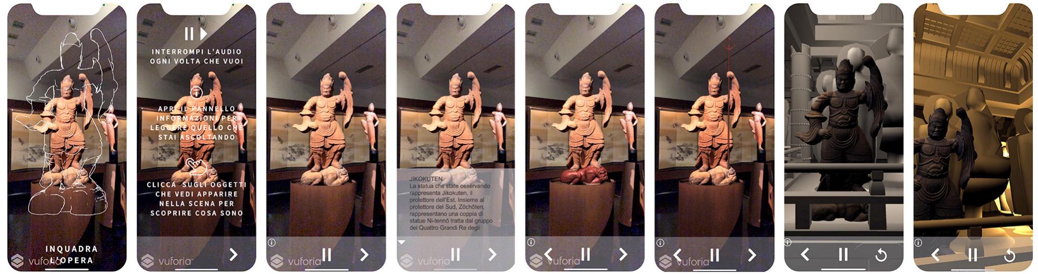 Figure 7. Screenshot of the AR application created on the two Ni-Tenn6 statues. Editing: S. Tamantini.  AL MMe CNd Of te augmented realty Nalravlon, We temple 1s displayed all around the statues giving the viewer the impression of being inside it. By activating the extended tracking feature, it was also possible to show the temple at 360° around the point of view. This potentiality provided by the Vuforia™ plug-in allows continuing to visualize the virtual scene even if the target leaves the camera frame (Fig. 7).  For the VR experience, a virtual tour of the Konjikidd was created using the tools of the Google VR plug-in and Unity®. Initially, the visitor is in front of the main entrance while a pointer allows interacting with some objects in the virtual space. By simply pointing at an arrow that leads to a new point of view, the observer can move inside the temple. Here he finds the statues exhibited in the museum, positioned on the central altar. If the visitor stops with the pointer long enough on one of 
