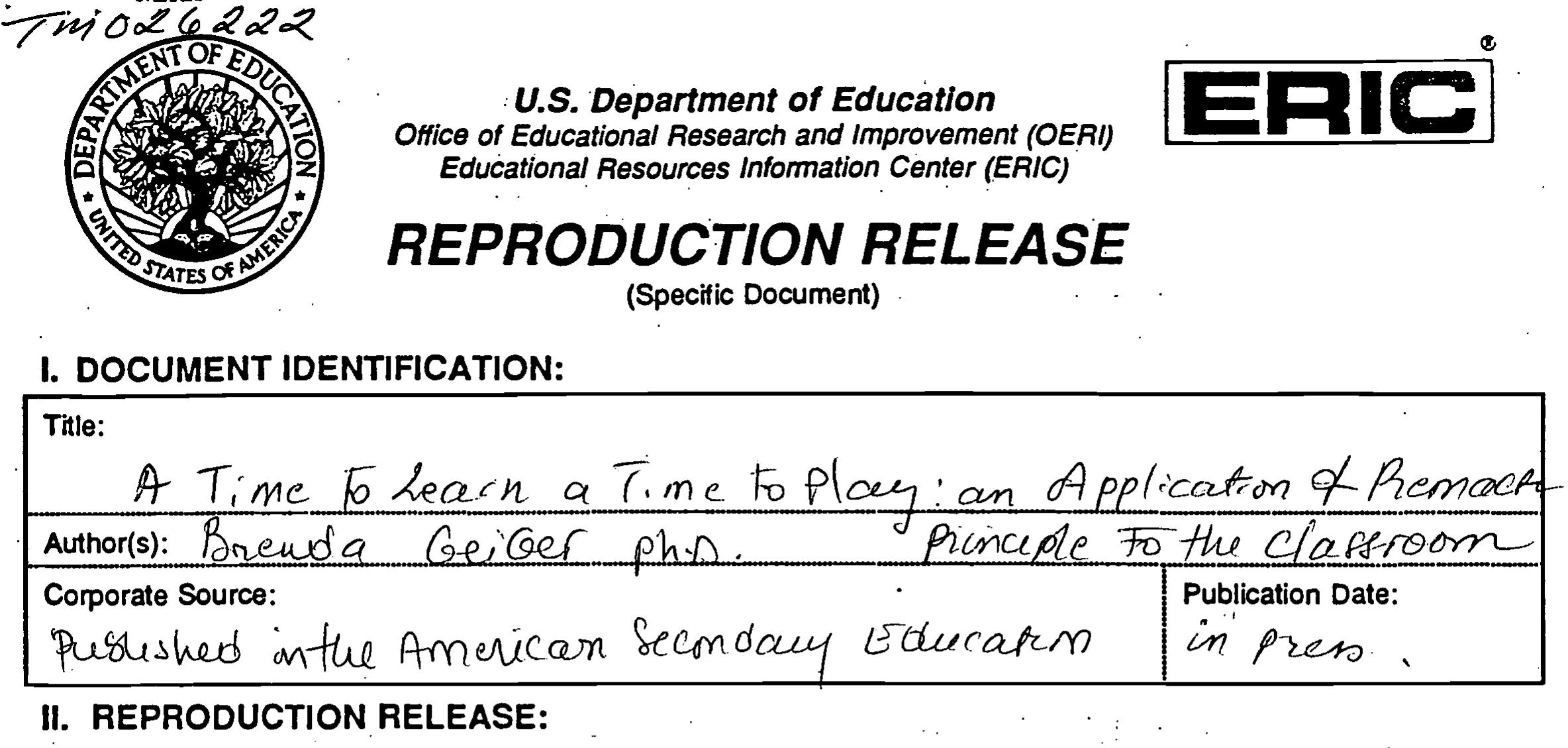 Eric Microfiche Example (PDF) A Time To Learn, a Time To Play: Premack's Principle Applied in ...