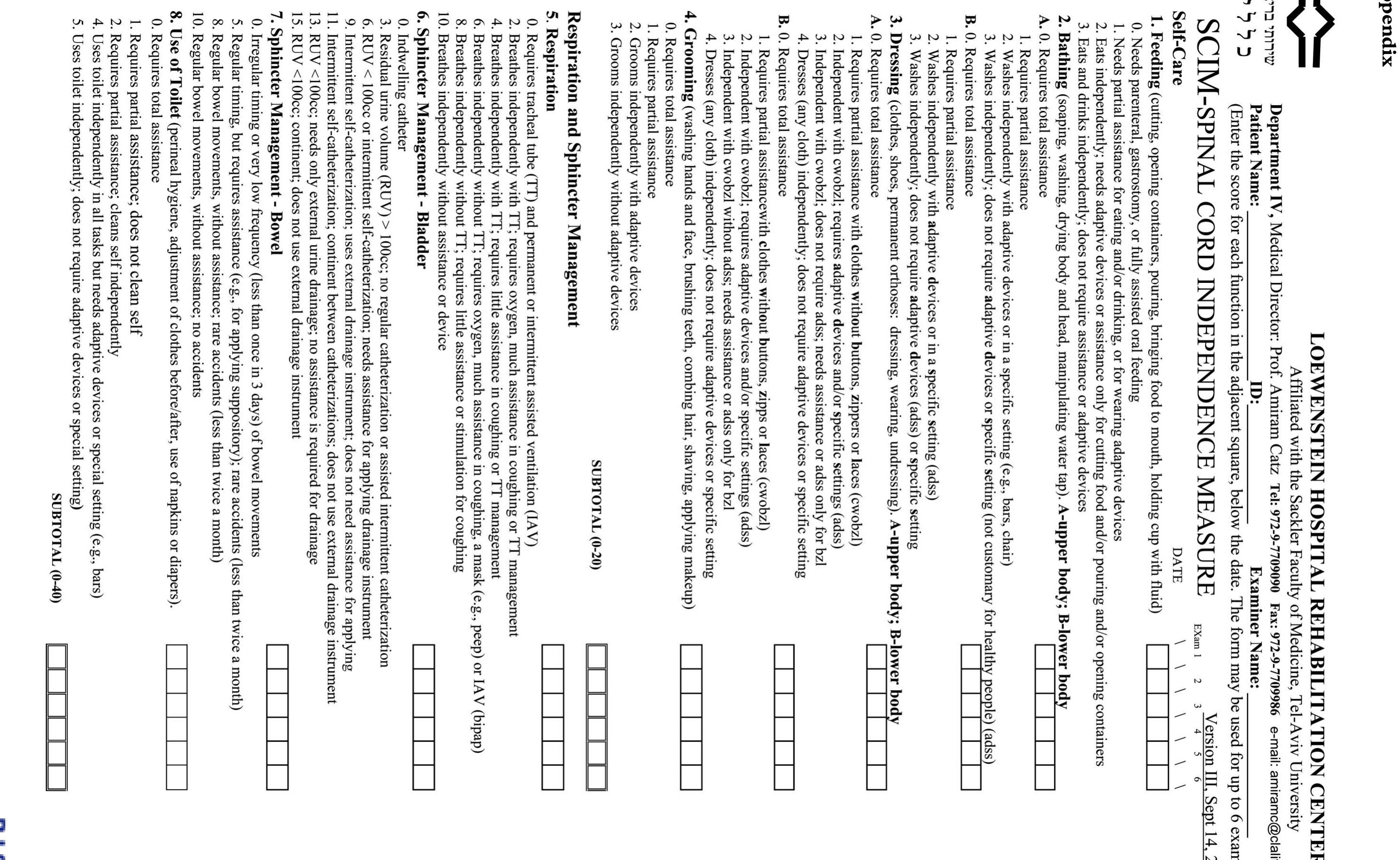 Table 9 - from The Spinal Cord Independence Measure (SCIM)