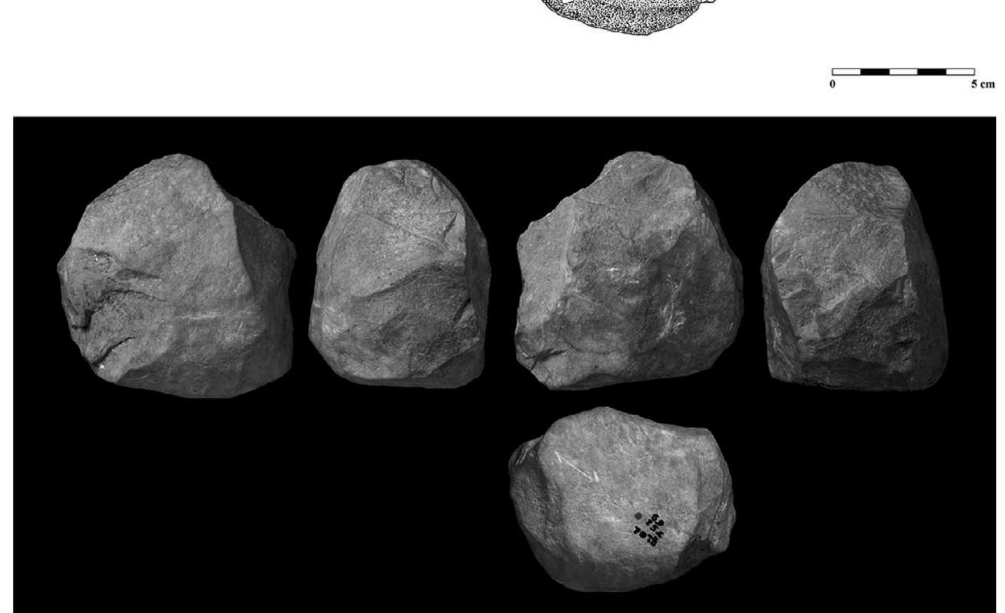 Figure 2.3 Lithics from Barranco Leon. (a) Limestone core; (b) flakes.  A from: Barsky et al. 2010, fig. 10; drawings: D. Cauche; courtesy: H. de Lumley. B from: Barsky et al. 2010 fig. 21; drawings: D. Cauche, V. Celiberti, and M. Montesinos; courtesy: I. Toro-Moyano and H. de Lumley 