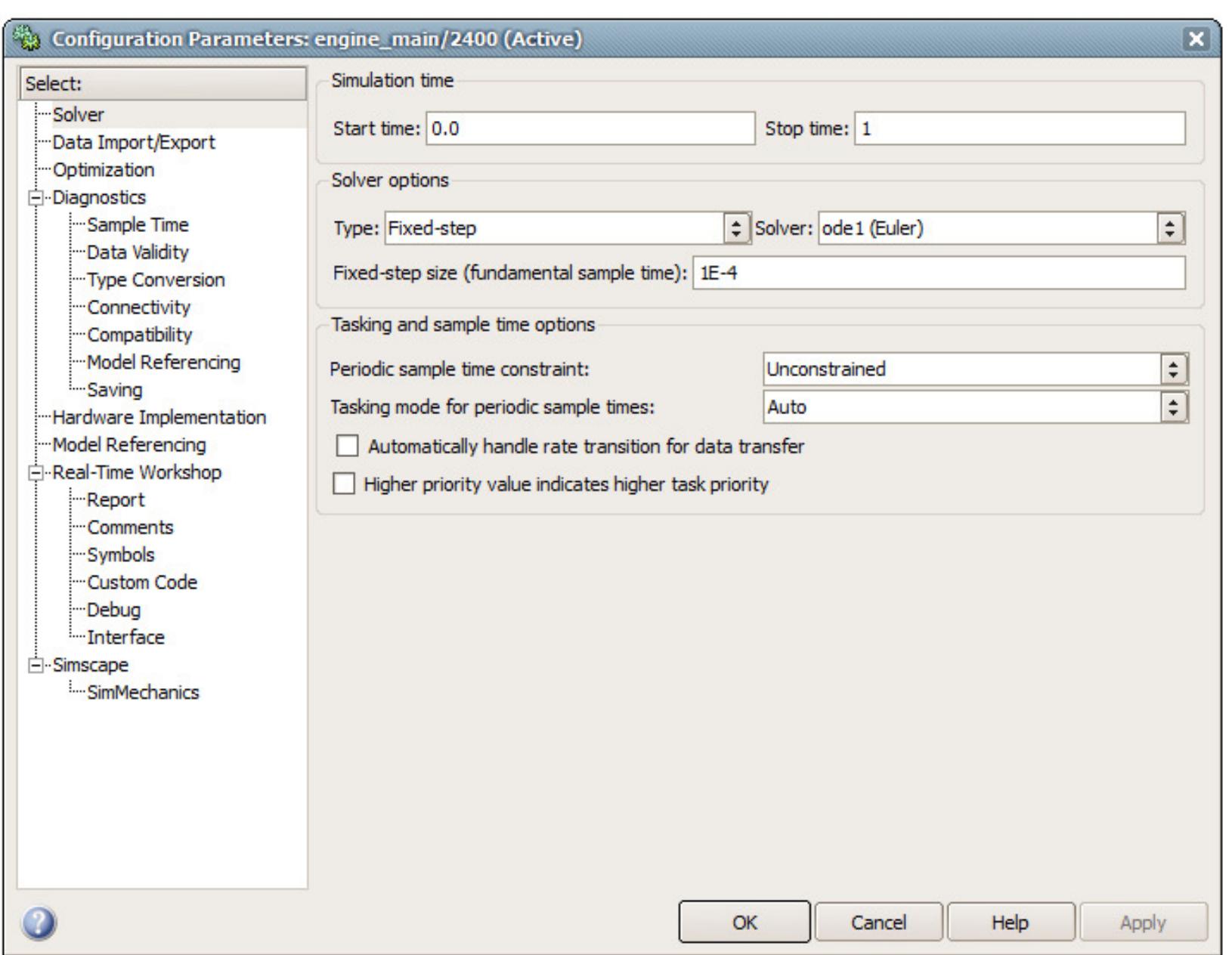 13: configuration parameters window for simulation matlab
