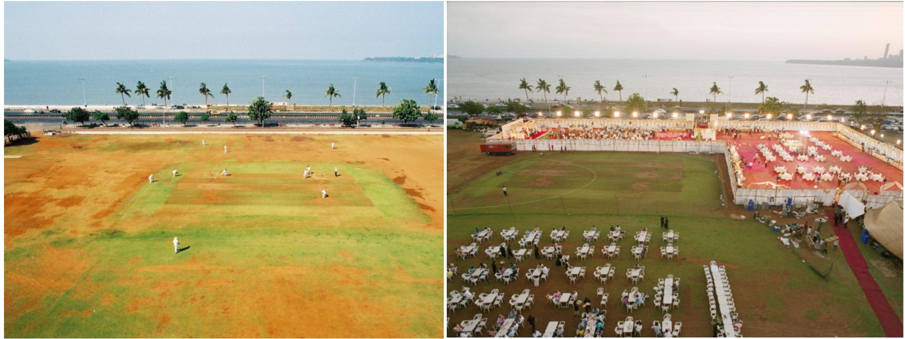Images: | and 2: Cricket fields (or maidans) are converted into venues for weddings. Temporary structures create enclosures for these events, often erected in 6 hours, to be dismantled by the next morning to restore the field back to the use of the cricketer. (photo credit Rajesh Vohra)  Today, Mumbai and most Indian cities are not the static and stable entities that we have always imagined cities to be — physical constructs where stable meanings are contained in architecture that then becomes the spectacle of the city — where the memory of the city is encoded and contained. Instead, Mumbai should more appropriately be described as a Kinetic City, a bazaar city. A city not perceived by architecture or cohesive urban design gestures, but by spaces, which hold associative values and are supportive of lives. Patterns of occupation determine its form and perception. It is an indigenous urbanism that has its particular “local” logic. It is not necessarily the city of the poor, as most images might suggest; rather it is a temporal articulation and occupation of space which not only creates a richer sensibility of spatial occupation, but also suggests how spatial limits are expanded to include formally unimagined uses in dense urban conditions. 