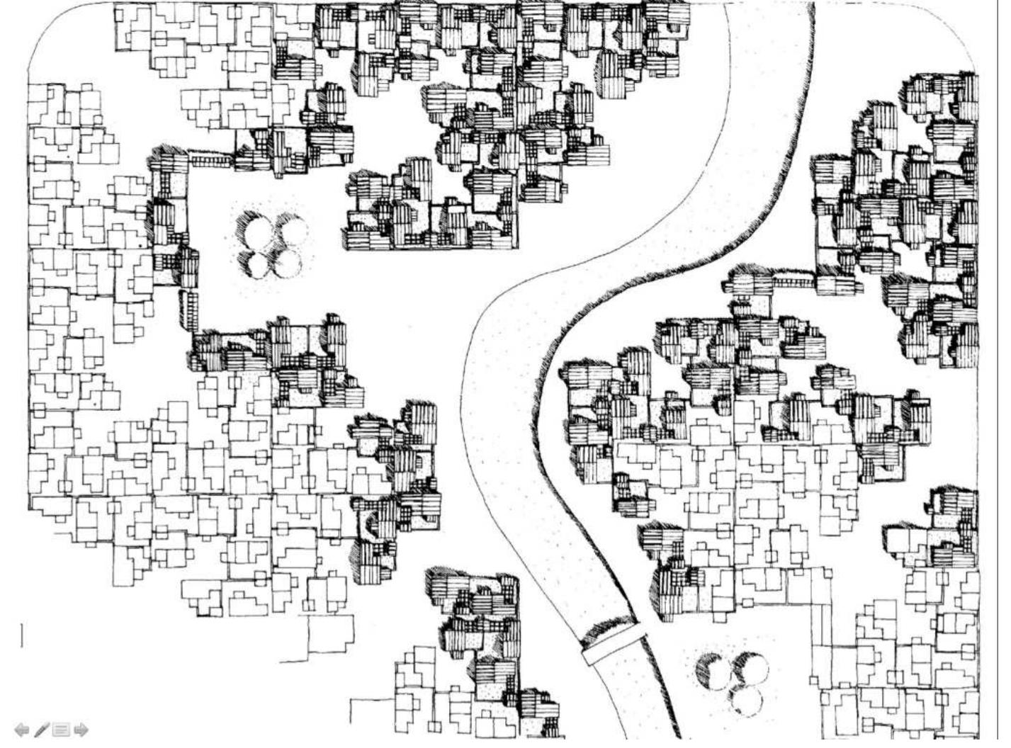 Images 11: Site plan of the Belapur Housing project (photo source The New Landscape, Charles Correa, 1985)  eisai ee ins ah Seas RE RE eA MS a ee  This. housing project, designed for CIDCO (the planning authority for Navi Mumbai) in 1985, picks up on both the questions of equity and density in a design proposition. Here equity is treated as a fundamental parameter for potentially neutralizing the polarity that exists in cities like Mumbai. More importantly the project shifts its emphasis on site planning and to creating the spaces for negotiations, porous separation as well as hierarchies that can help form neighbourhoods. It squarely addresses the question of the unsettled nature of our cities and anticipates change in our shifting demographic condition. In the words of the designer Charles Correa: “a policy of Equity Plots would have the added advantage of not pre-determining social and economic mix in the neighbourhood, or across the city. Most planning today, no matter how liberated its intentions ends up with a rigid caste system of residential areas — as witness Chandigarh. The reason for this is simple. Since the plots are of vastly different sizes, the planners have to decide about their positioning within a sector, ahead of time. In such a situation, there is no way a planner can place the clerks’ houses cheek-by-jowl with the Ministers; and once the plan is implemented on site, the pattern cannot be changed. So we get cities which are rigid and inflexible, and do not respond to the social forces which are constantly at work, and which make older “un-designed” urban centres such an organic mix of income groups and communities.””"  
