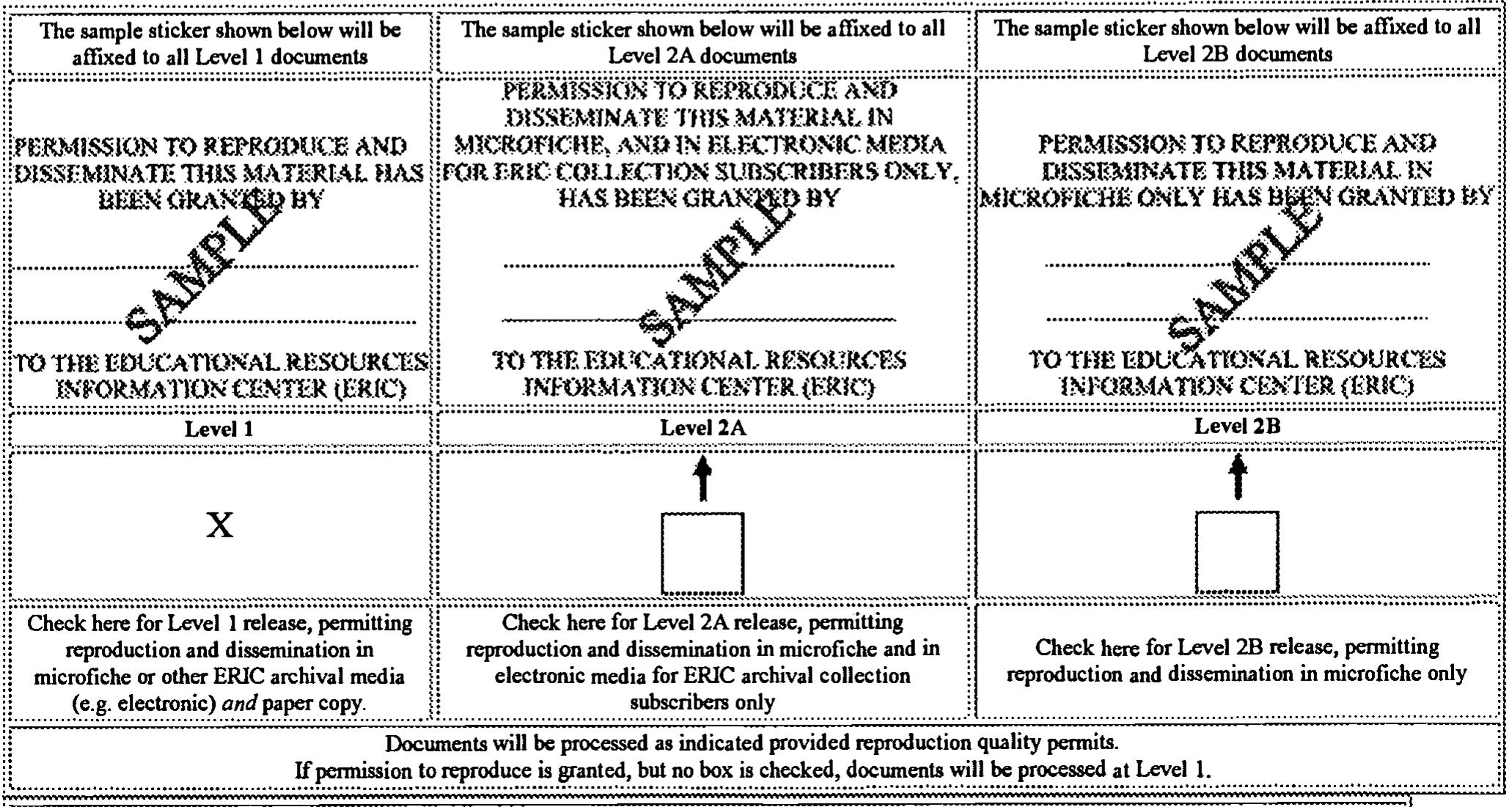 herehy orant ta the Educational Resaurces Infarmatian Center (ERIC) nanercluisive nermissinn ta renraduce   If permission is granted to reproduce and disseminate the identified document, please CHECK ONE of the following three options and sign in the indicated space following.  In order to disseminate as widely as possible timely and significant materials of interest to the educational community, documents announced in the monthly abstract journal of the ERIC system, Resources in Education (RIE), are usually made available to users in microfiche, reproduced paper copy, and electronic media, and sold through the ERIC Document Reproduction Service (EDRS). Credit is given to the source of each document, and, if reproduction release is granted, one of the following notices is affixed to the document. 