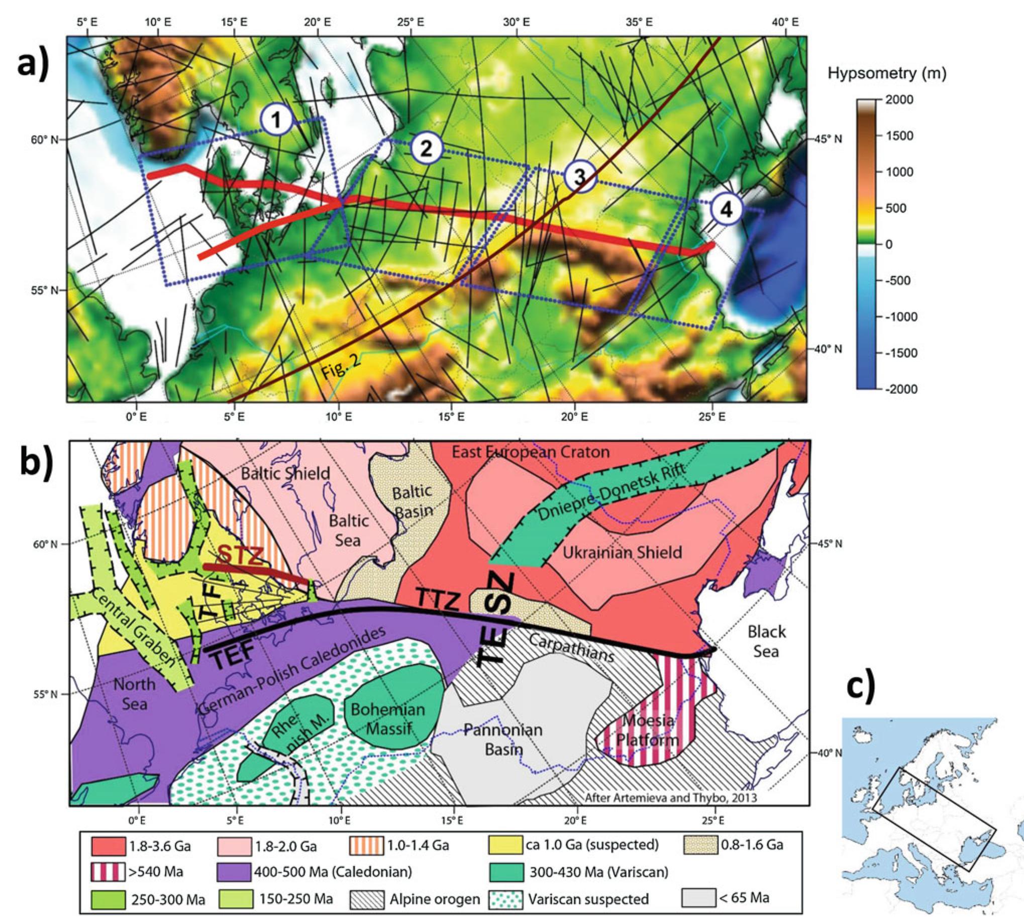The map includes the location of seismic profiles in the region (thin straight lines) and the location of the generalized seismic profile in Fig. 2 (black curved line). (b) Tectonic map of the region around TESZ. Abbreviations: TTZ — Teisseyre-Tornquist Zone, STZ — Sorgenfrei- Tornquist Zone, TF — Tornquist Fan, TEF — Trans-European Fault. (c)  Trans-European Suture Zone, Fig. 1 Location of the Trans-Euro- pean Suture Zone (TESZ). (a) Hypsometric map around TESZ indicat- ing four characteristic areas. The exact limits of TESZ are undefined, and the zone largely covers the four rhombuses. For orientation the Teisseyre-Tornquist Zone (TTZ) and Sorgenfrei-Tornquist Zone (STZ) are shown by a thick red line, and by a thick black line in all other maps. 