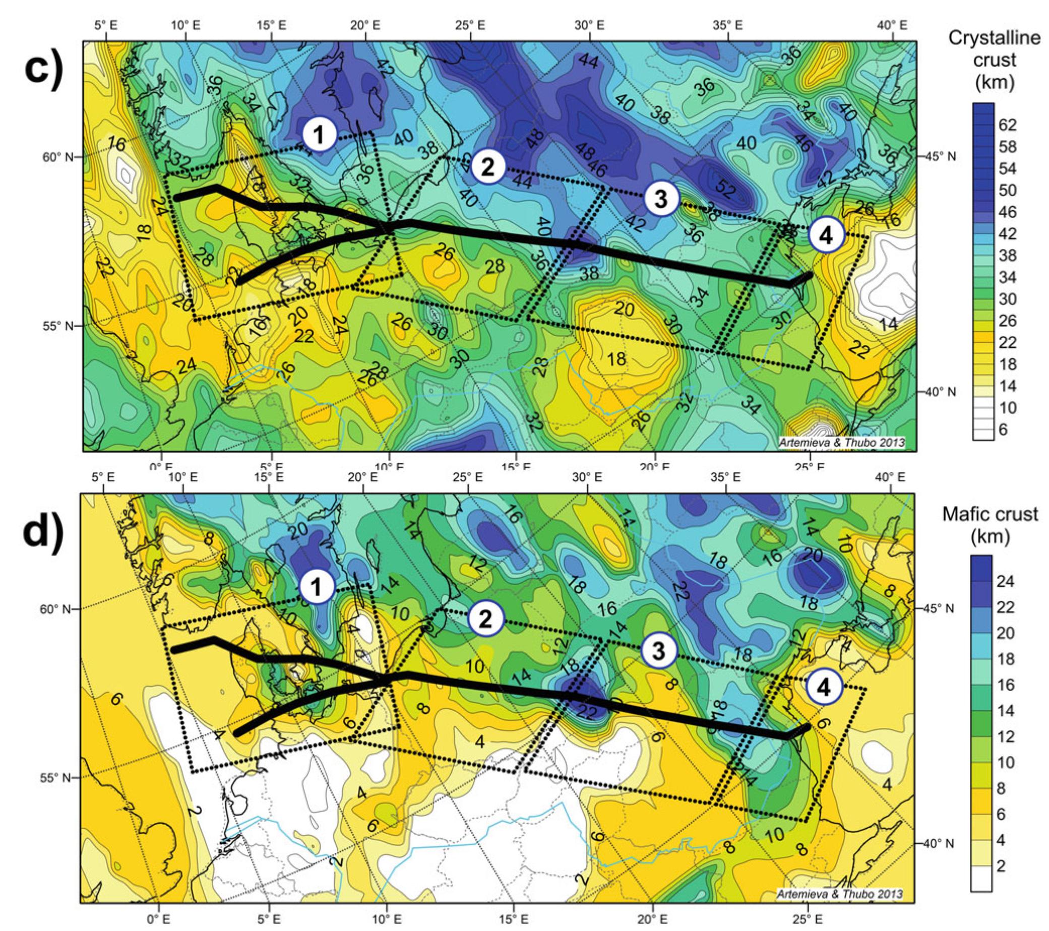 showing an even more pronounced change than for the crustal thickness. (d) Thickness of the lower (mafic) crust, showing that the difference in thickness of the crystalline crust mainly is caused by the lack of mafic  lower crust in Phanerozoic Europe in the west. (Figure after Artemieva and Thybo (2013))  Trans-European Suture Zone, Fig. 4 Maps showing seismic proper- ties of the crust around TESZ. (a) Thickness of the sedimentary cover. showing a series of very deep sedimentary basins concentrated in TESZ along the TTZ and around the TF area. (b) Moho depth showing a strong change from thick crust in cratonic Europe to the east to thin crust in  Phanerozoic Europe in the west. (c) Thickness of the crystalline crust 
