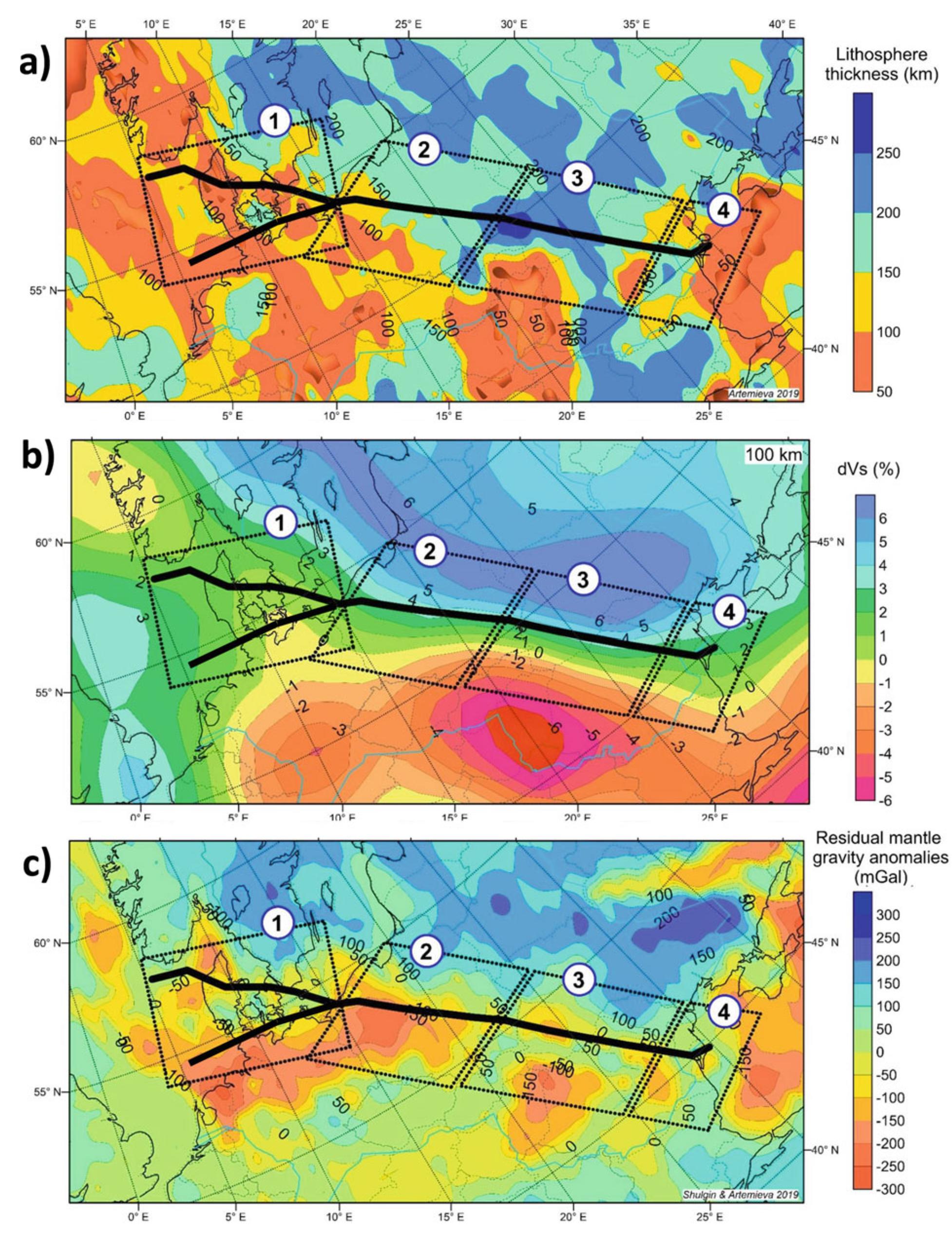 Trans-European Suture Zone, Fig. 5 Mantle properties in the TESZ region. (a) Lithosphere thickness (from Artemieva, 2019), showing the generally very thick lithosphere in cratonic Europe and thin lithosphere in Phanerozoic Europe in the west. (b) S-wave velocity anomalies at 100 km depth, showing a change from high velocity in the east to low  velocity in the west for the lithospheric mantle. (c) Residual mantle gravity anomalies calculated by subtracting the crustal contribution from the observed gravity field, showing that TESZ marks a transition from high density in the east to low-density in the west for the litho- spheric mantle 